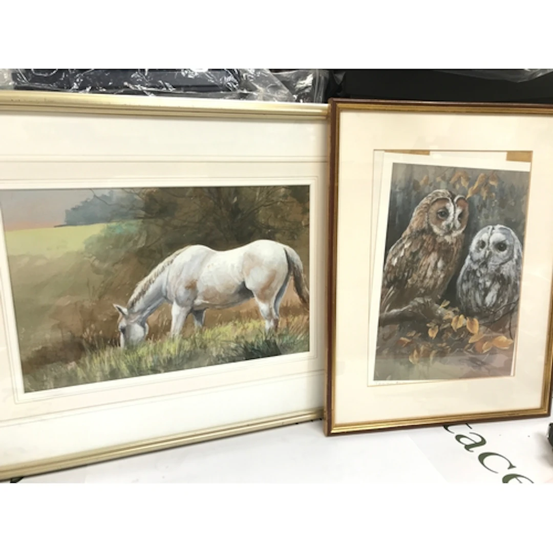 Brian Moore original horse painting and an owl print 35x45cm...