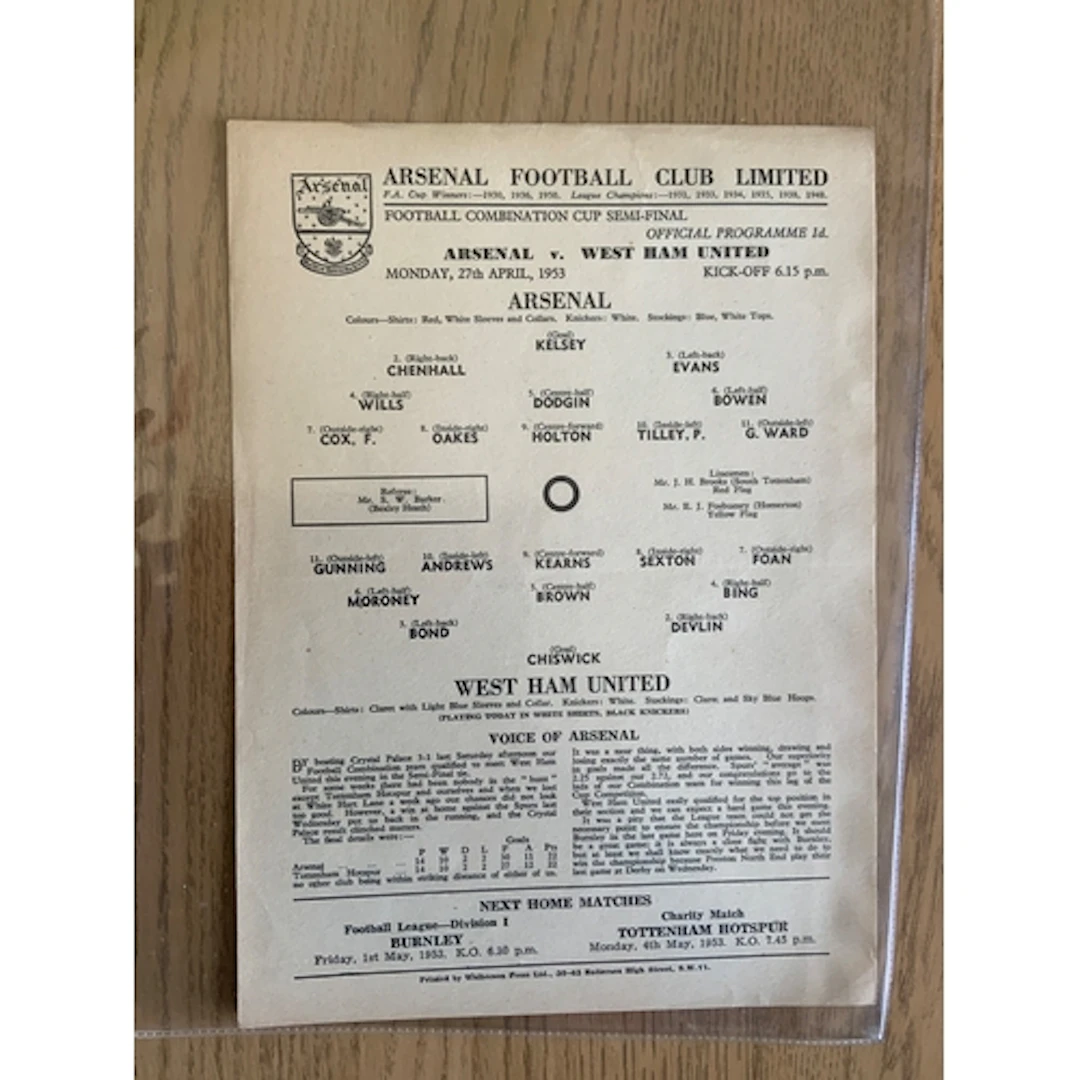 52/53 Arsenal Reserve Home Football Programmes: Single sheet...