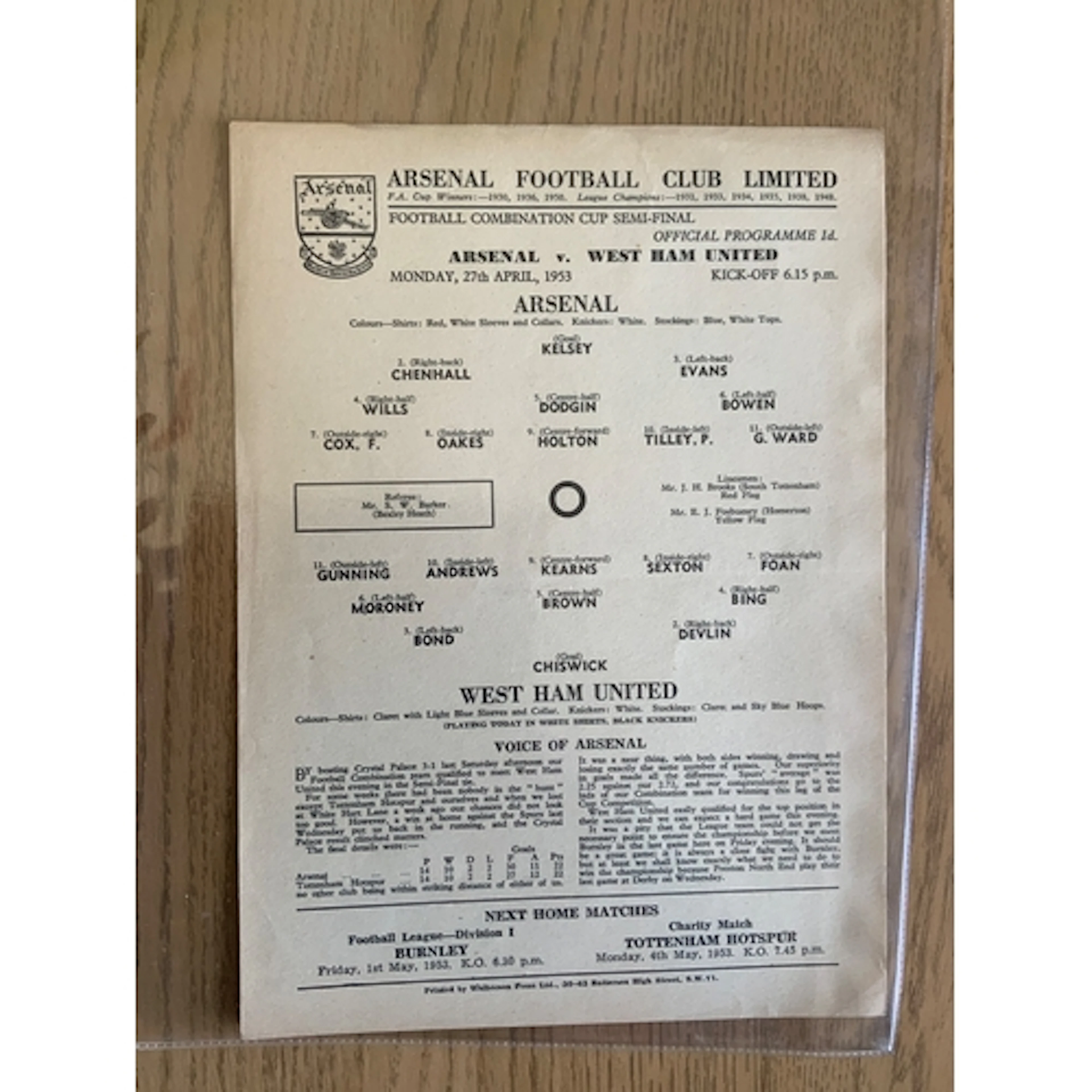 52/53 Arsenal Reserve Home Football Programmes: Single sheet...