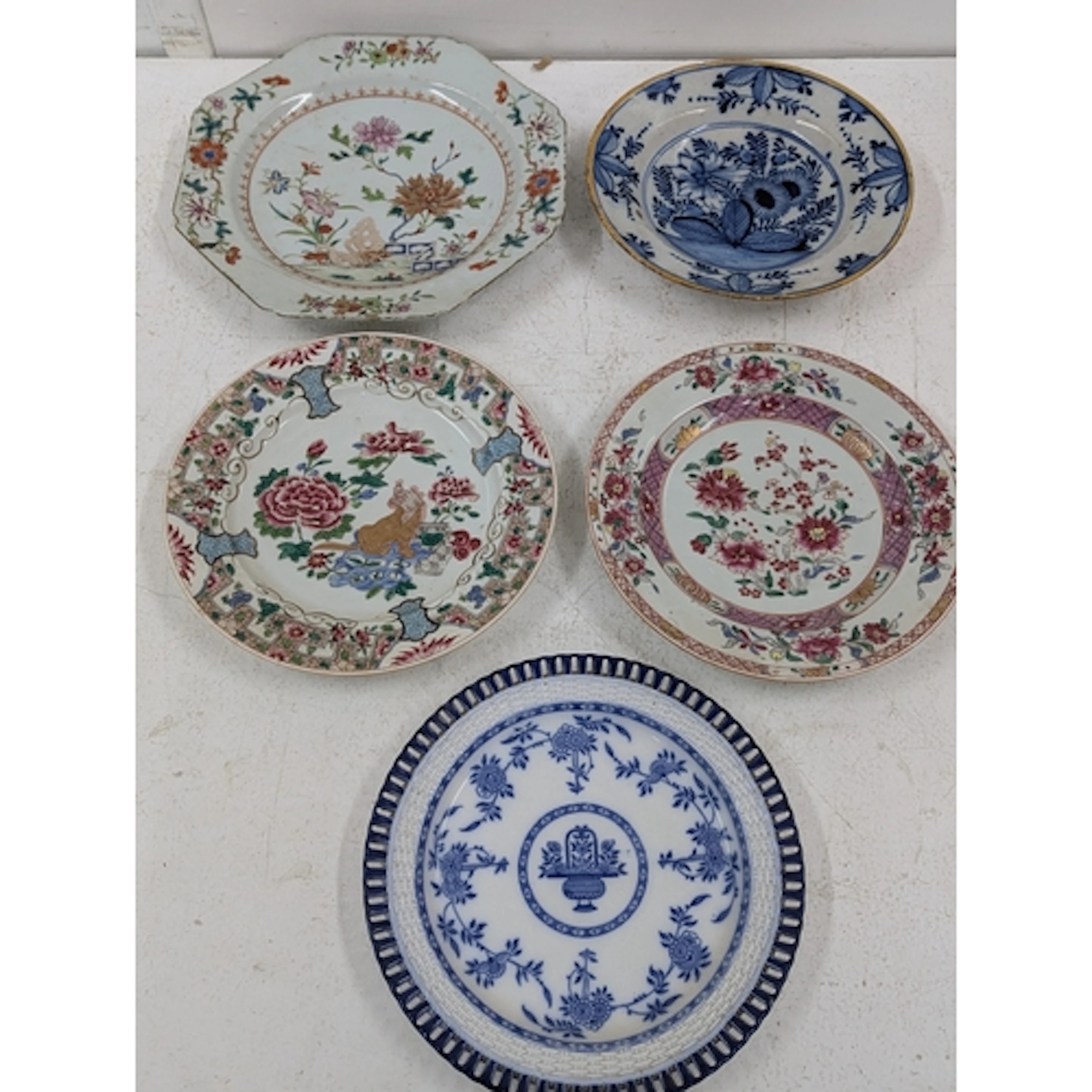 Three 18th century Chinese porcelain plates, a Dutch delft p...