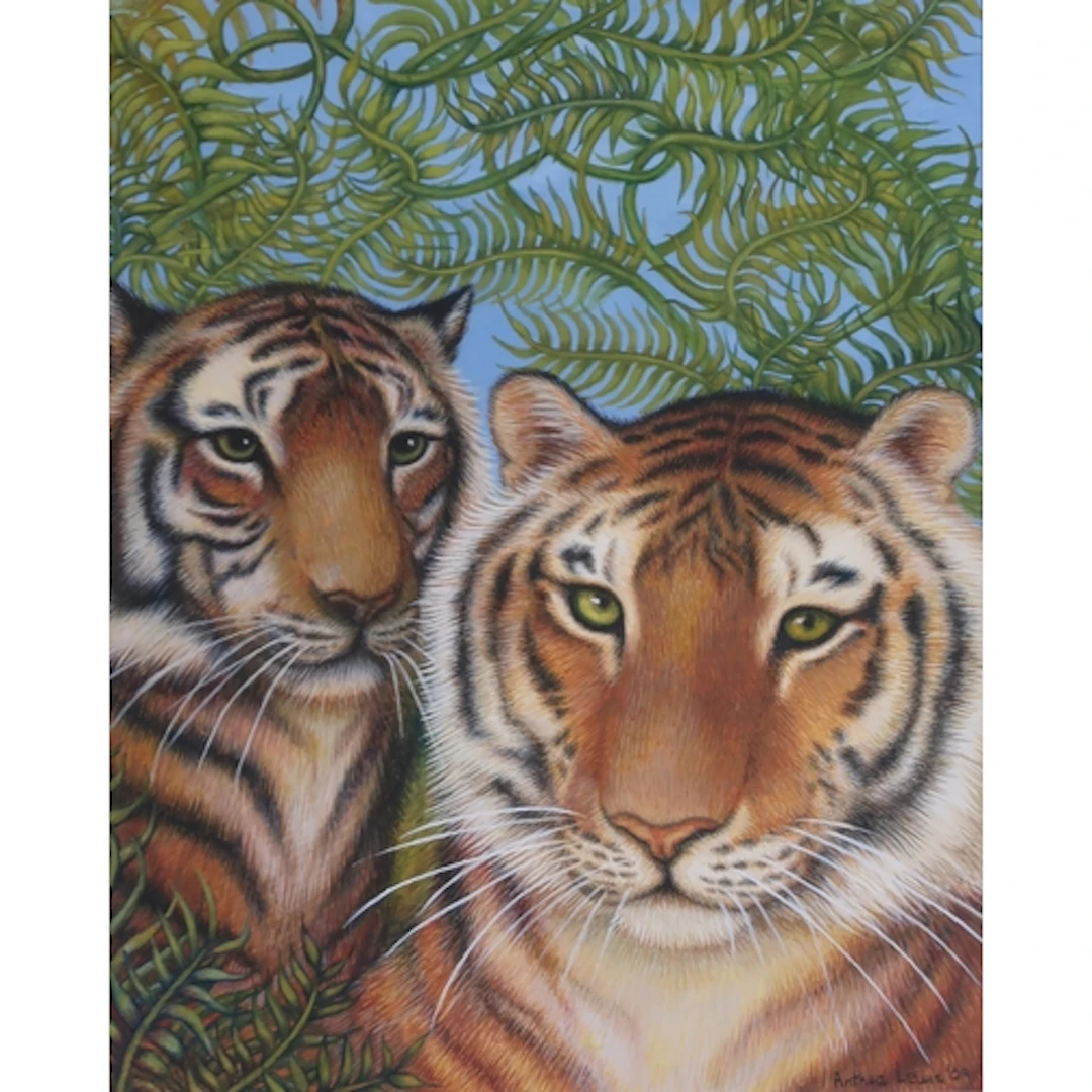 ANTHEA LEWIS RSW (SCOTTISH b.1948) TWO TIGERS Gouache, si...