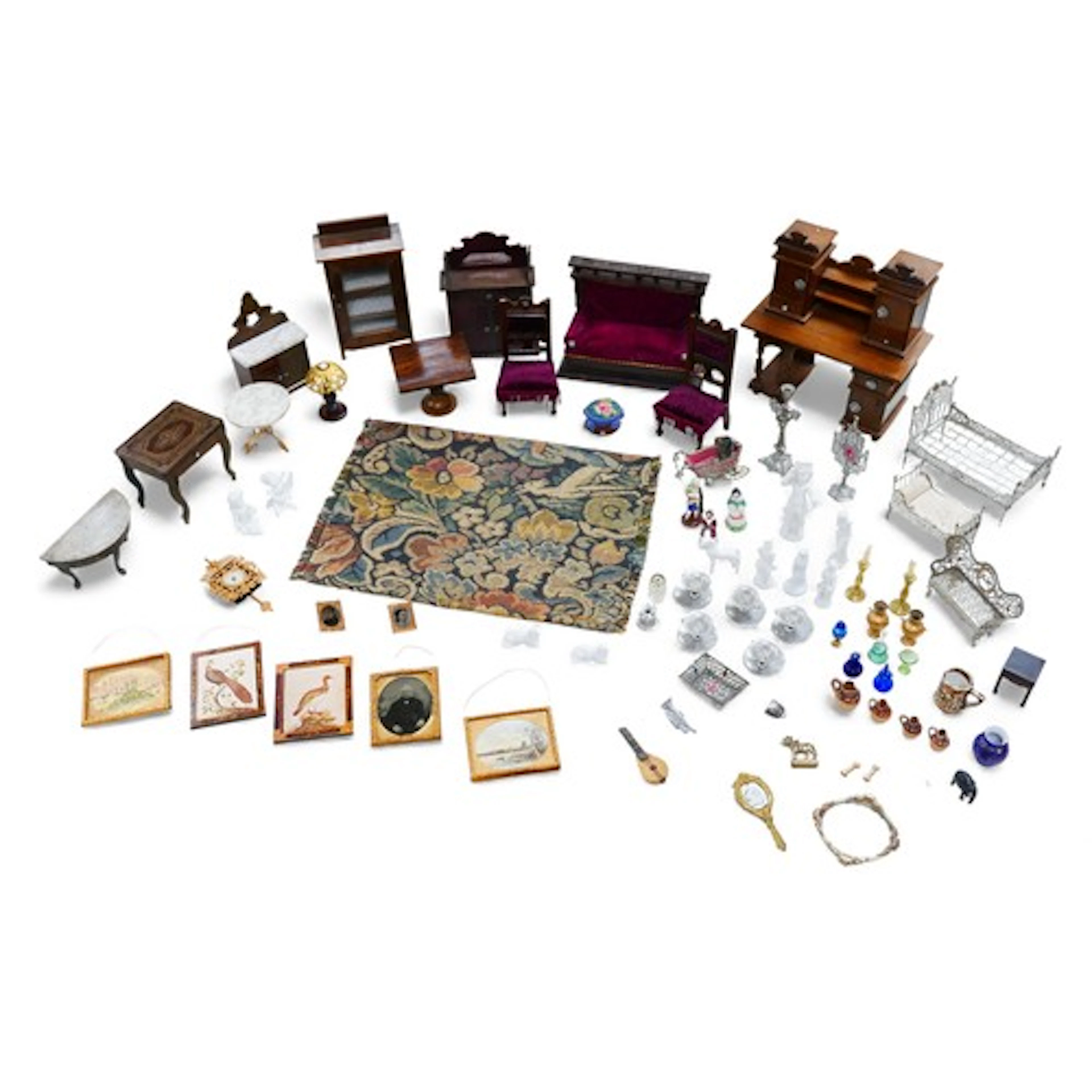 A collection of doll's furniture and accessories, including ...