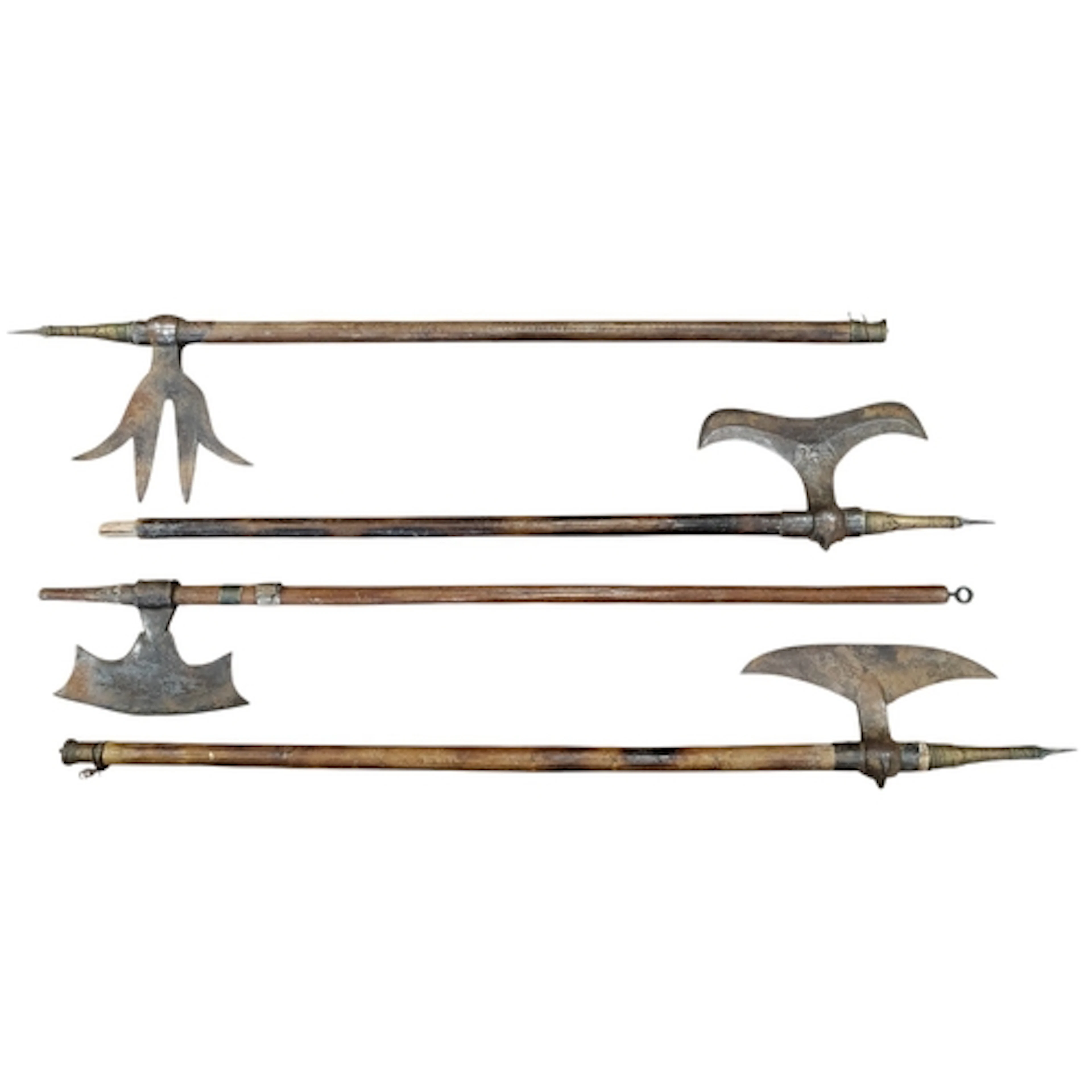 Range of Indian Khond Tabar (battle axes), rust to blades, w...