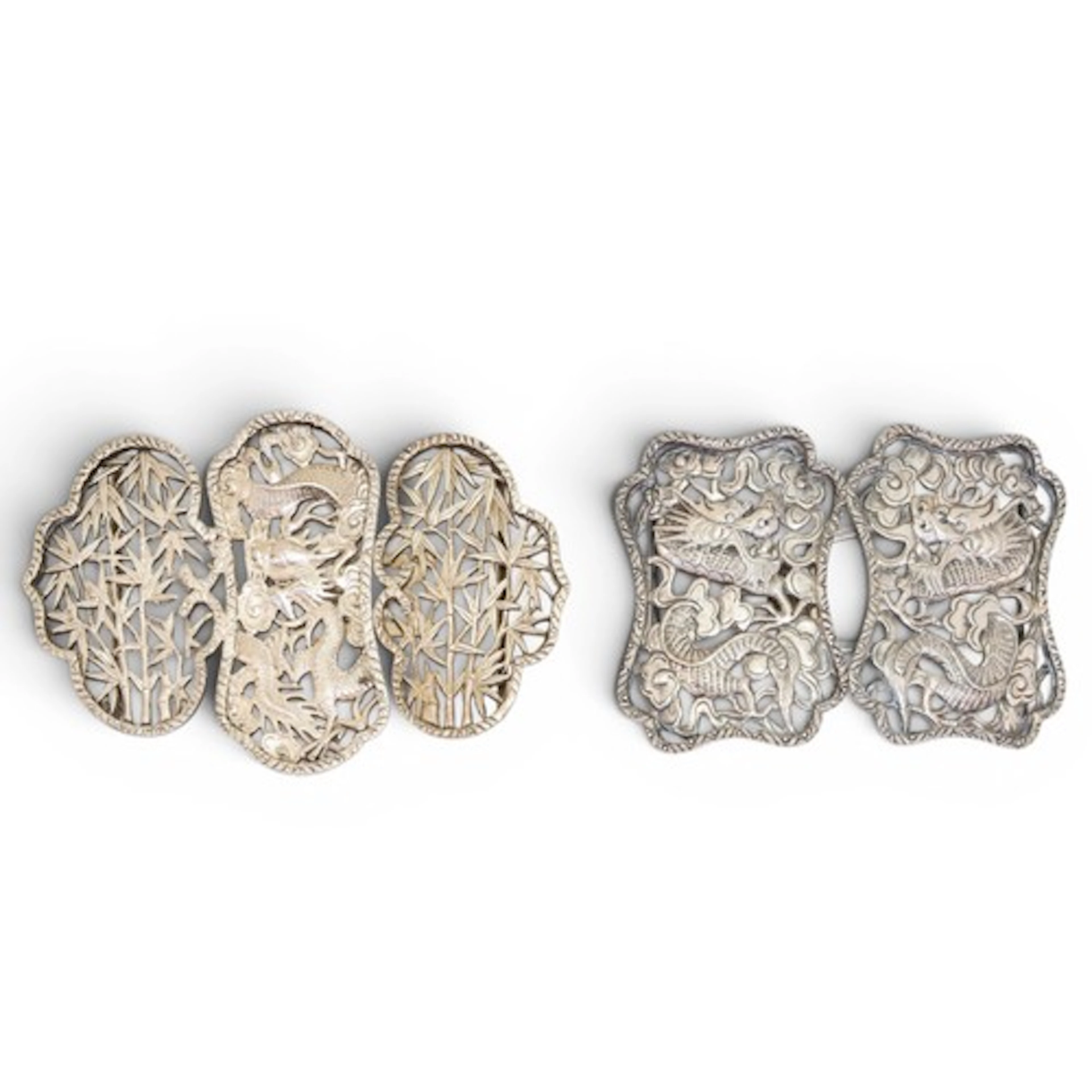 TWO CHINESE EXPORT SILVER 'DRAGON' BELT BUCKLES LATE QING DY...