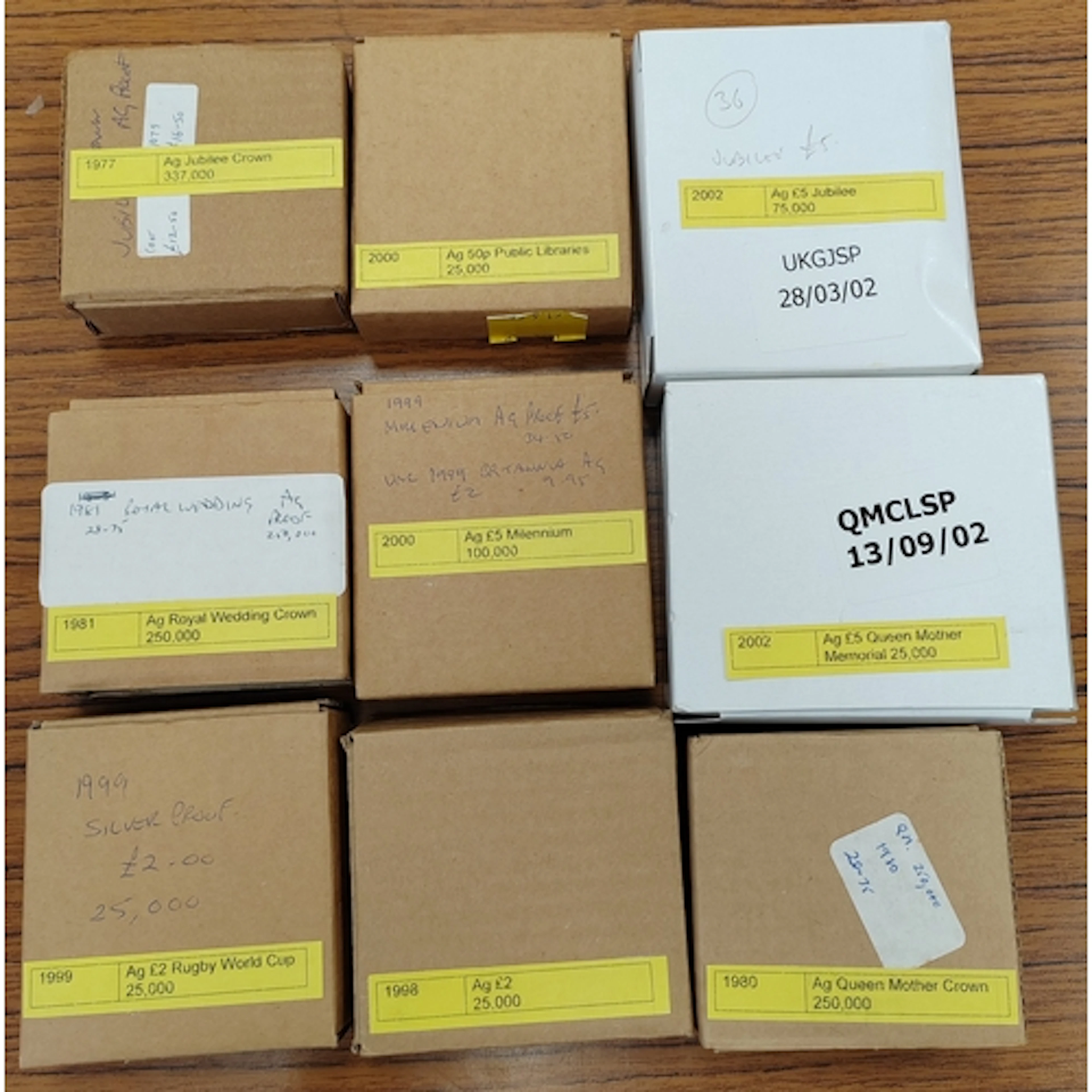 Collection of boxed silver proofs FDC, includes £5 (6), £2 (...