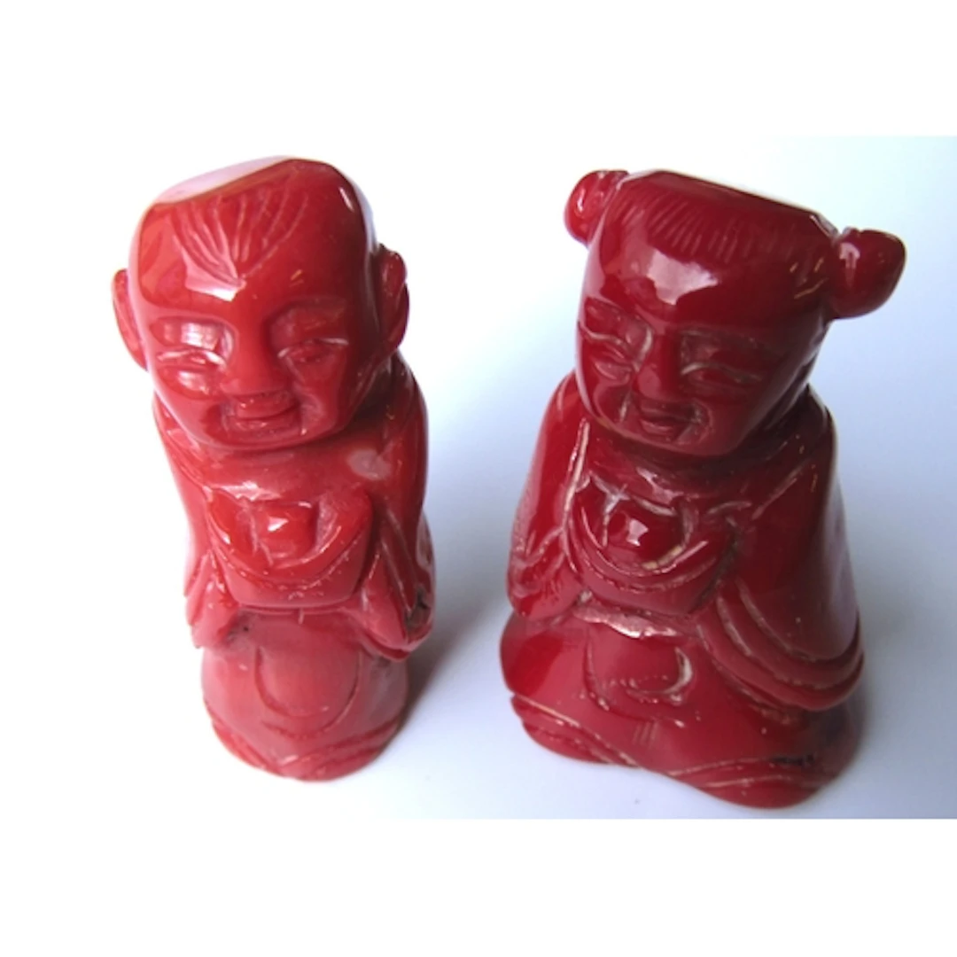 Two Oriental Carved Red Coral Figures Each Approximately 4cm...