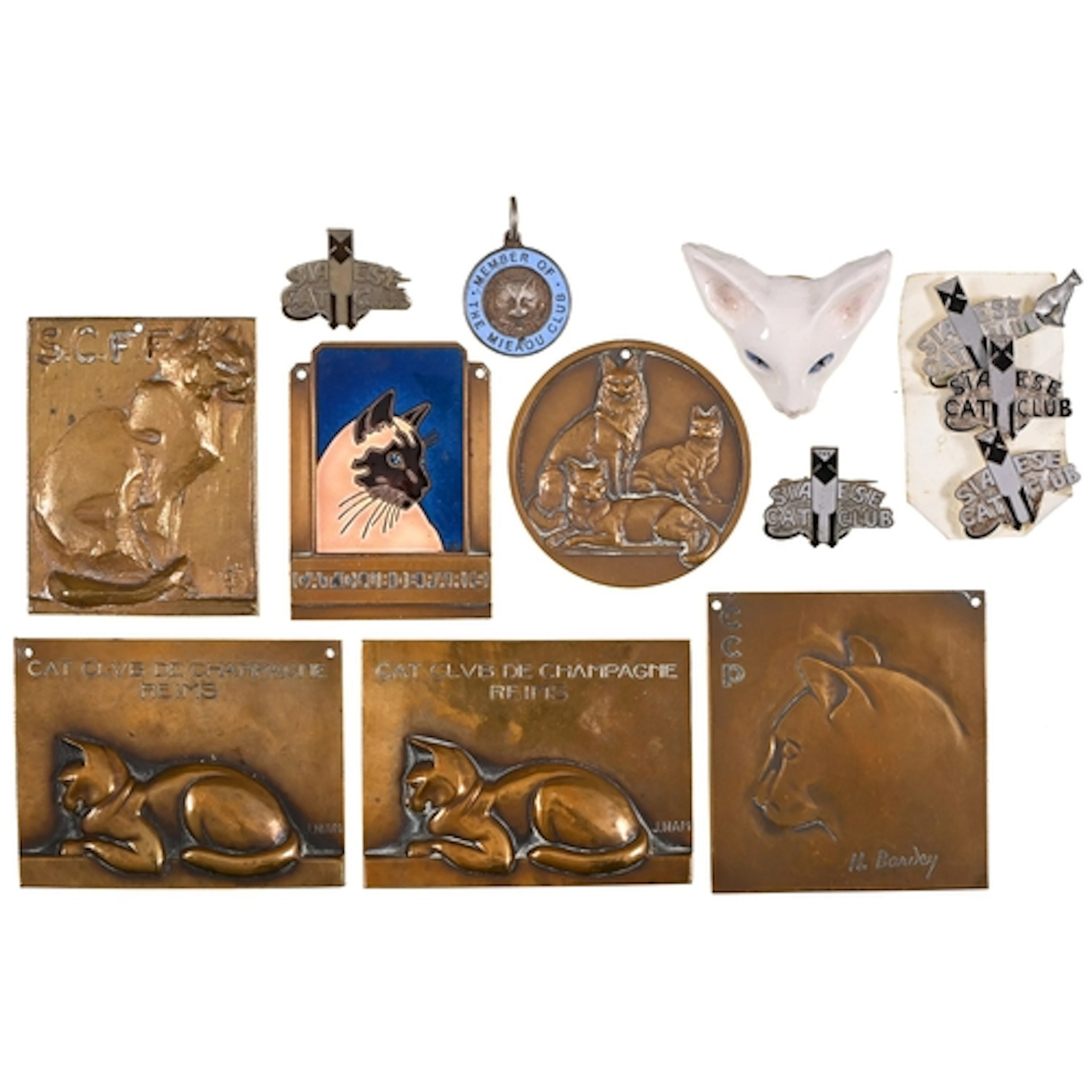Six French bronze and bronze and enamel prize cat awards, 19...