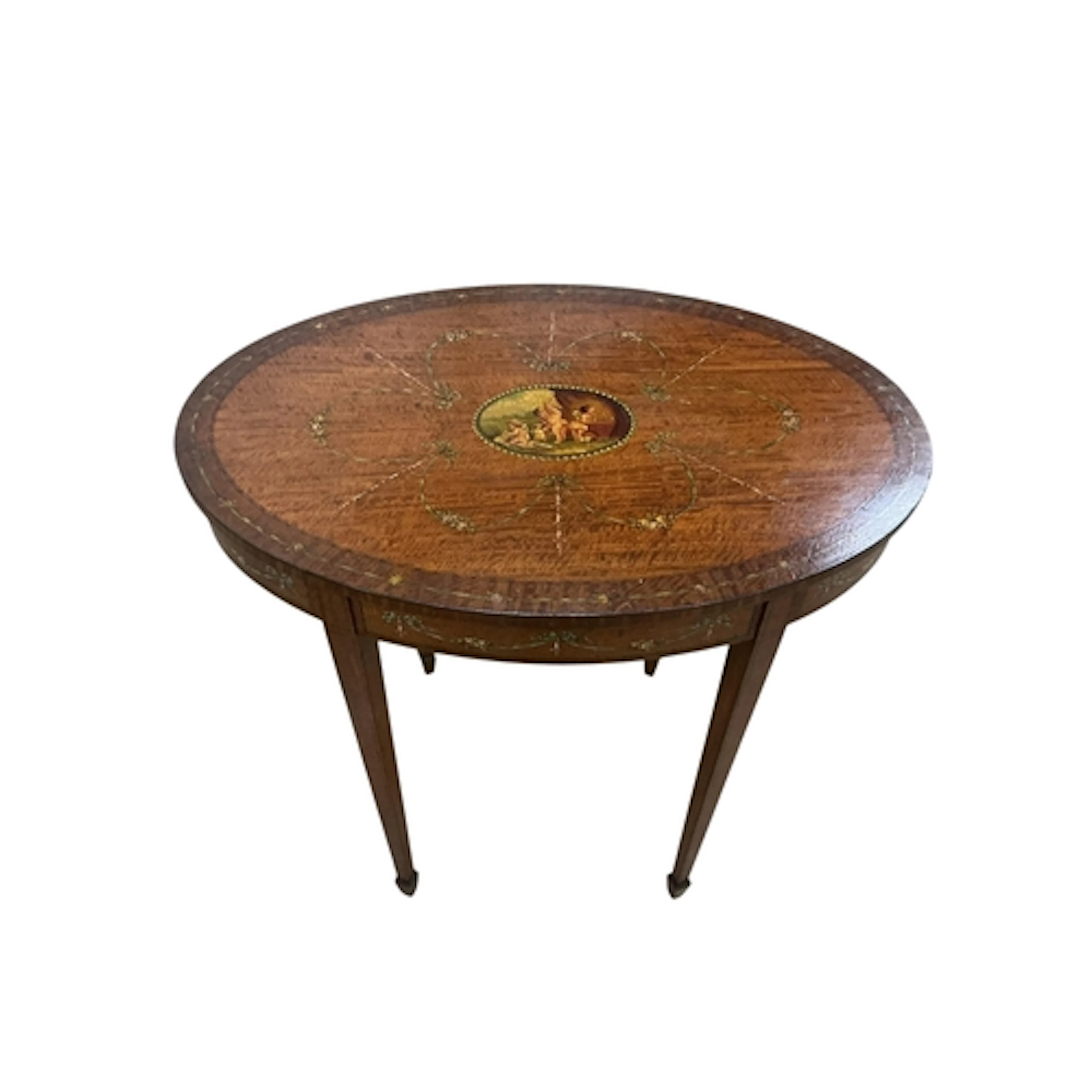 An Edwardian Sheraton revival painted satinwood oval table, ...