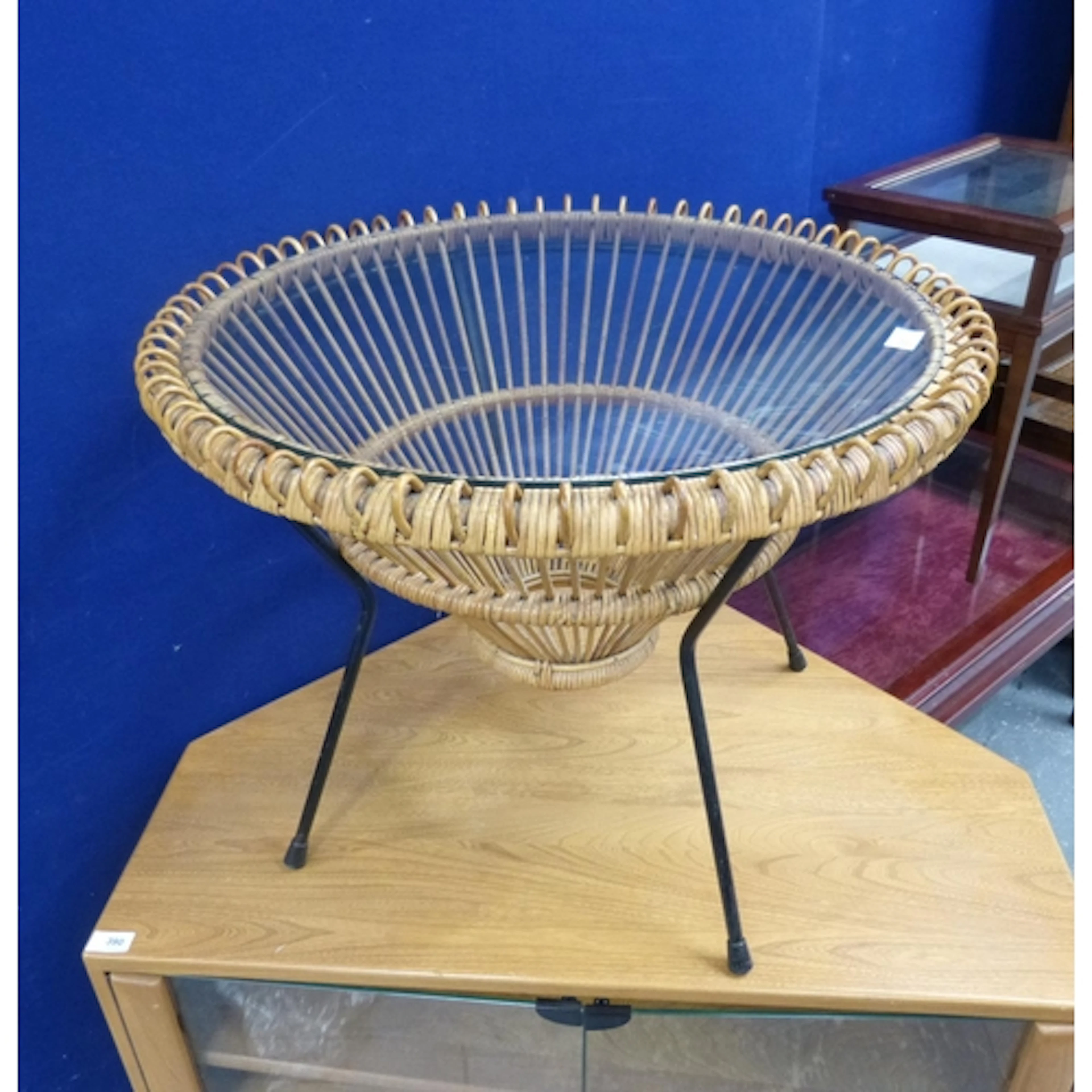 Franco Albini glass top 1950's rattan and steel frame table,...