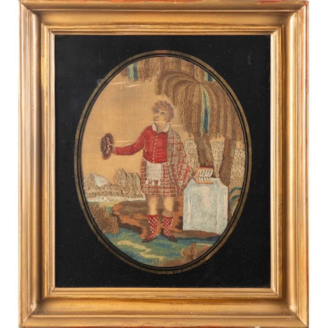 A Regency silkwork embroidery depicting Robbert Burns at his...