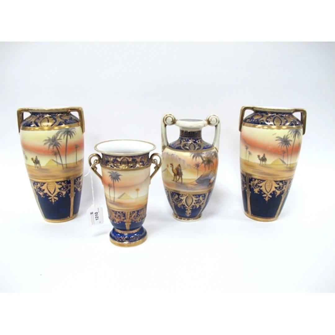A Group of Four 1930s Japanese Noritake Porcelain Vases, han...