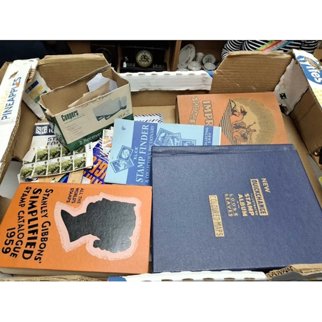 FRUIT BOX WITH COLLECTION OF STAMPS WITH WELL FILLED QUICKCH...