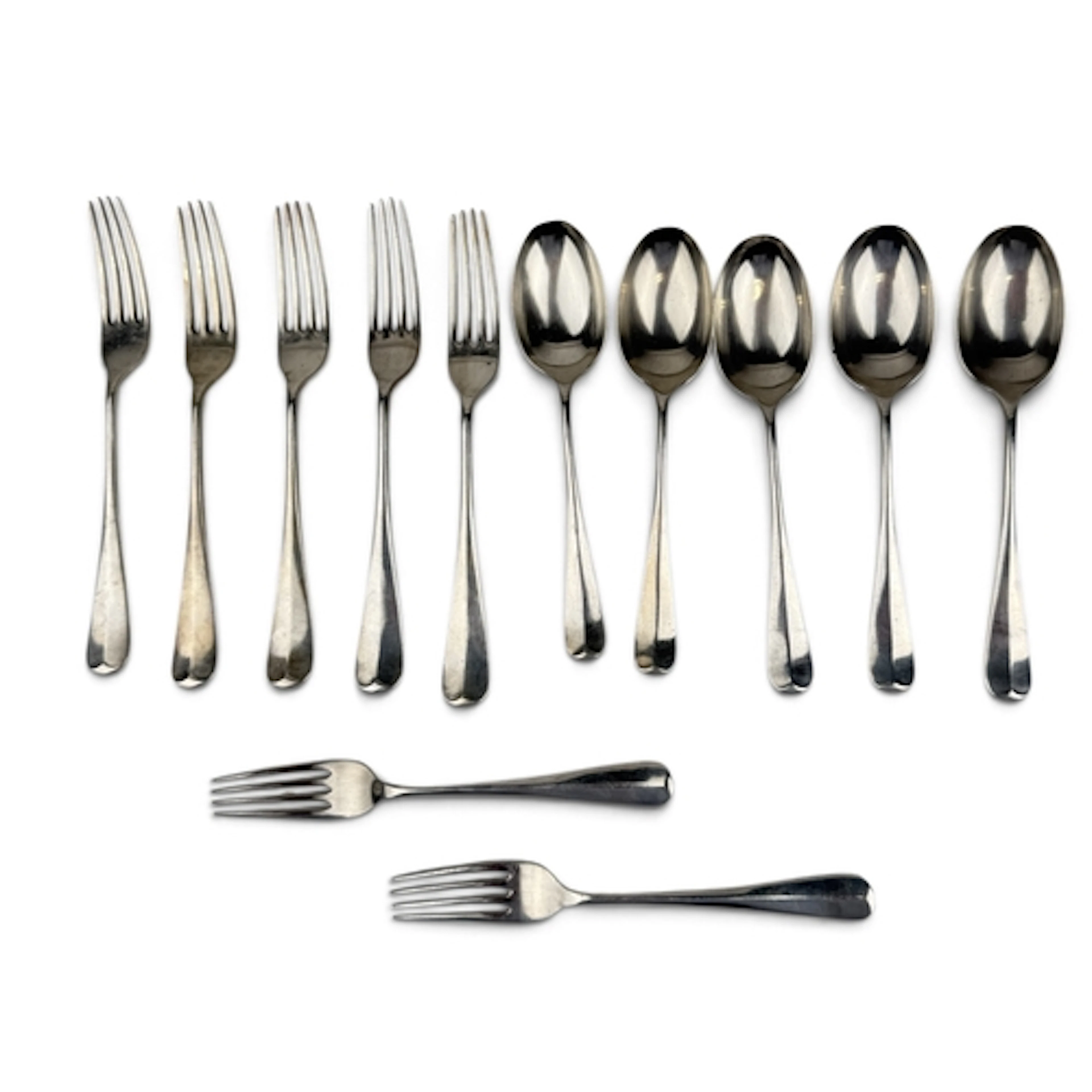 FIVE SILVER HANOVERIAN RAT TAIL PATTERN TABLE FORKS, FIVE DE...