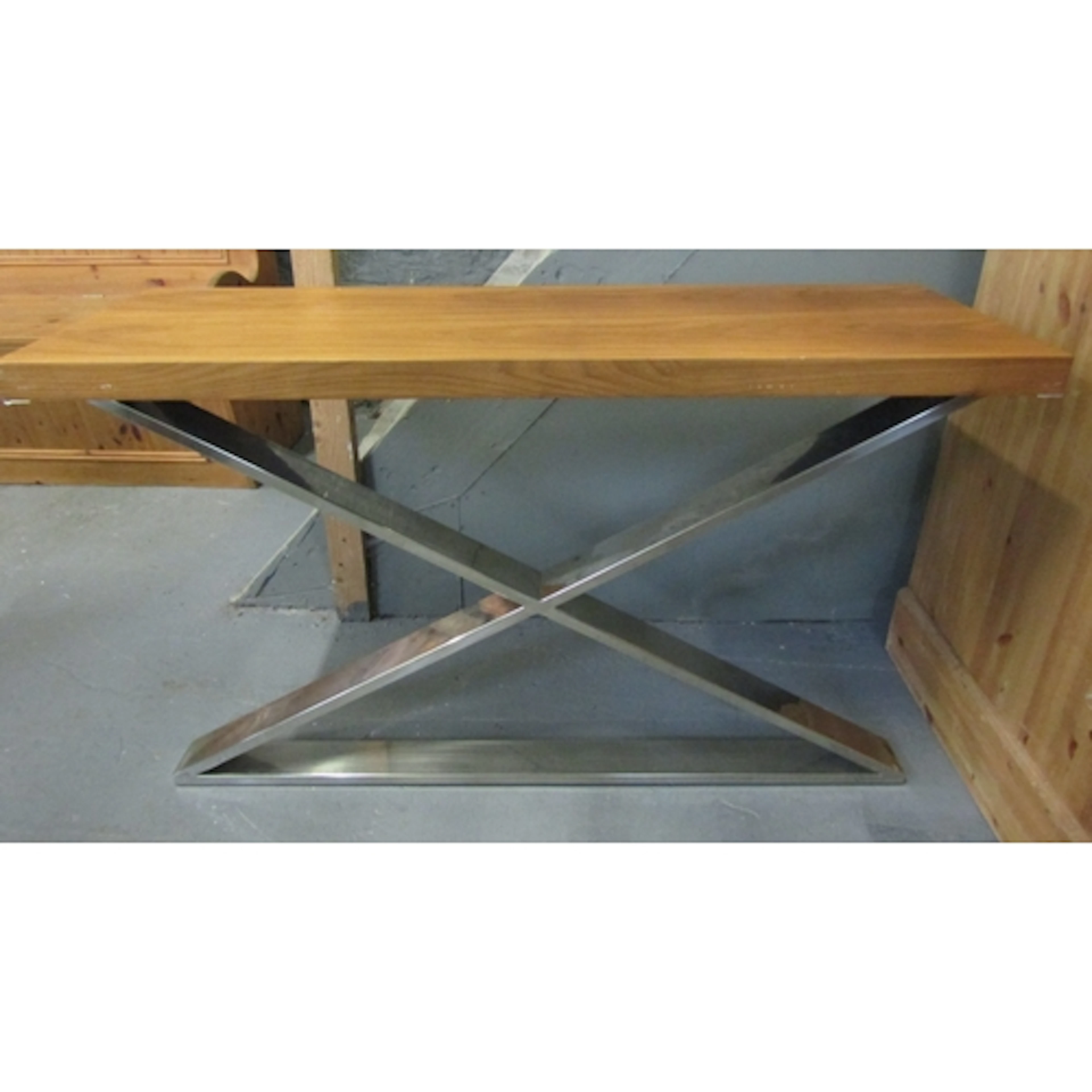 Designer Oak Top Rectangular Form Chrome Plated Console Tabl...