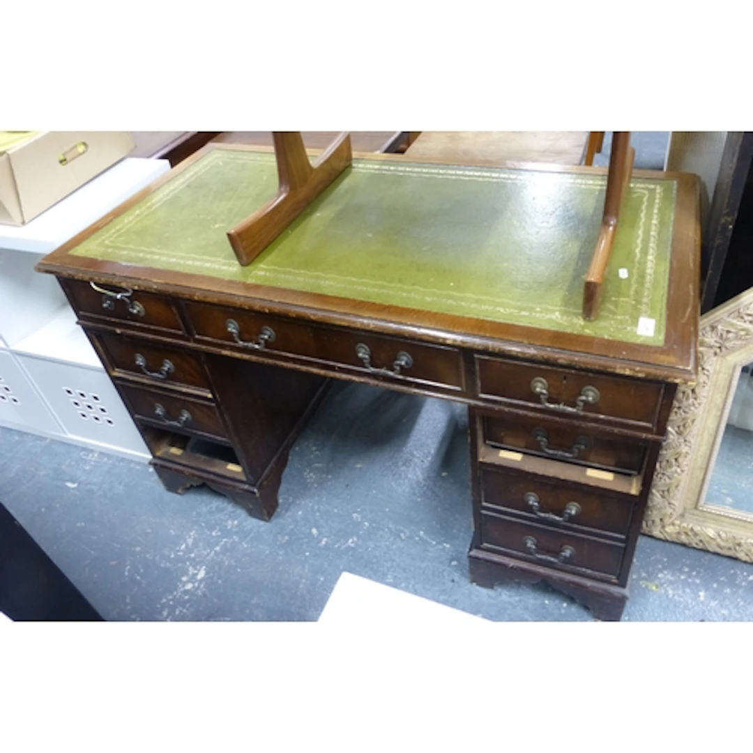 Modern leather top, knee hole desk.