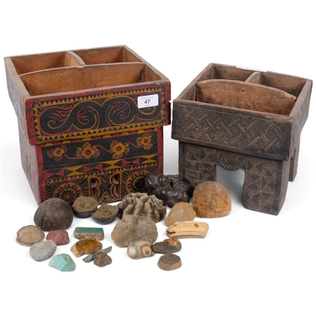 2 Indonesian betel nut boxes, largest 26cm across