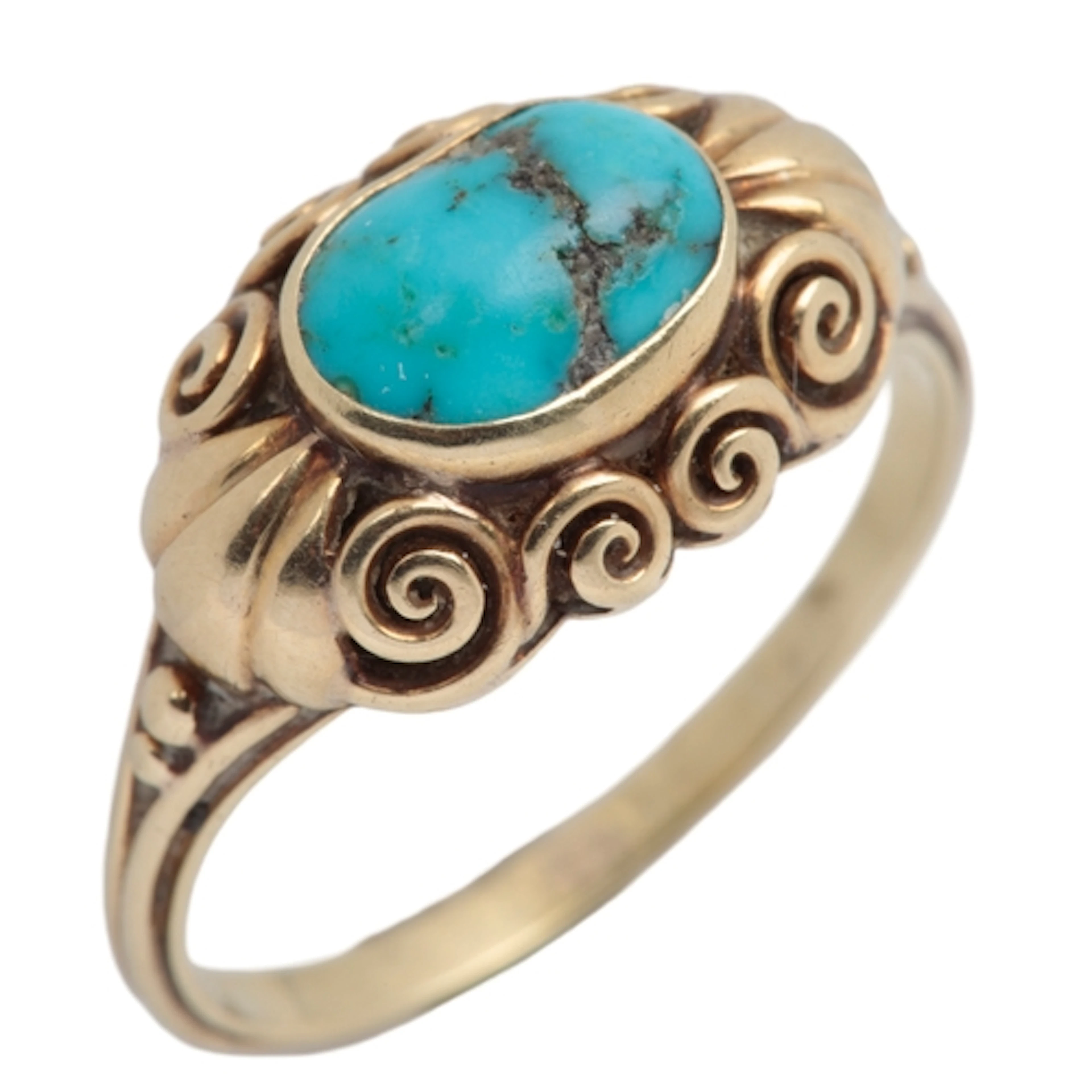 A gold and turquoise ring, early 20th century, collet-set wi...
