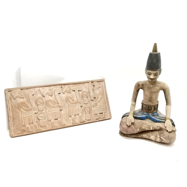 Java carved wooden seated figure with original paint decorat...
