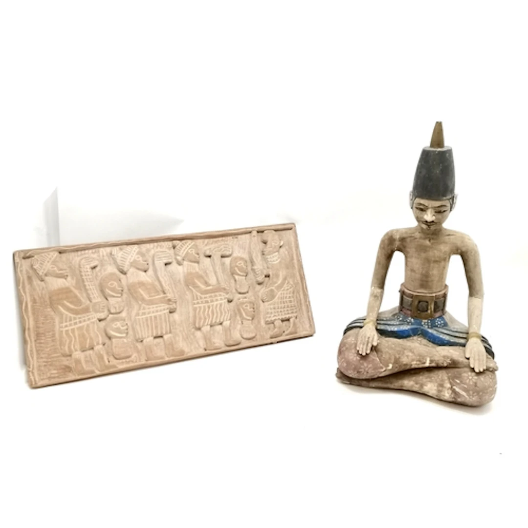Java carved wooden seated figure with original paint decorat...