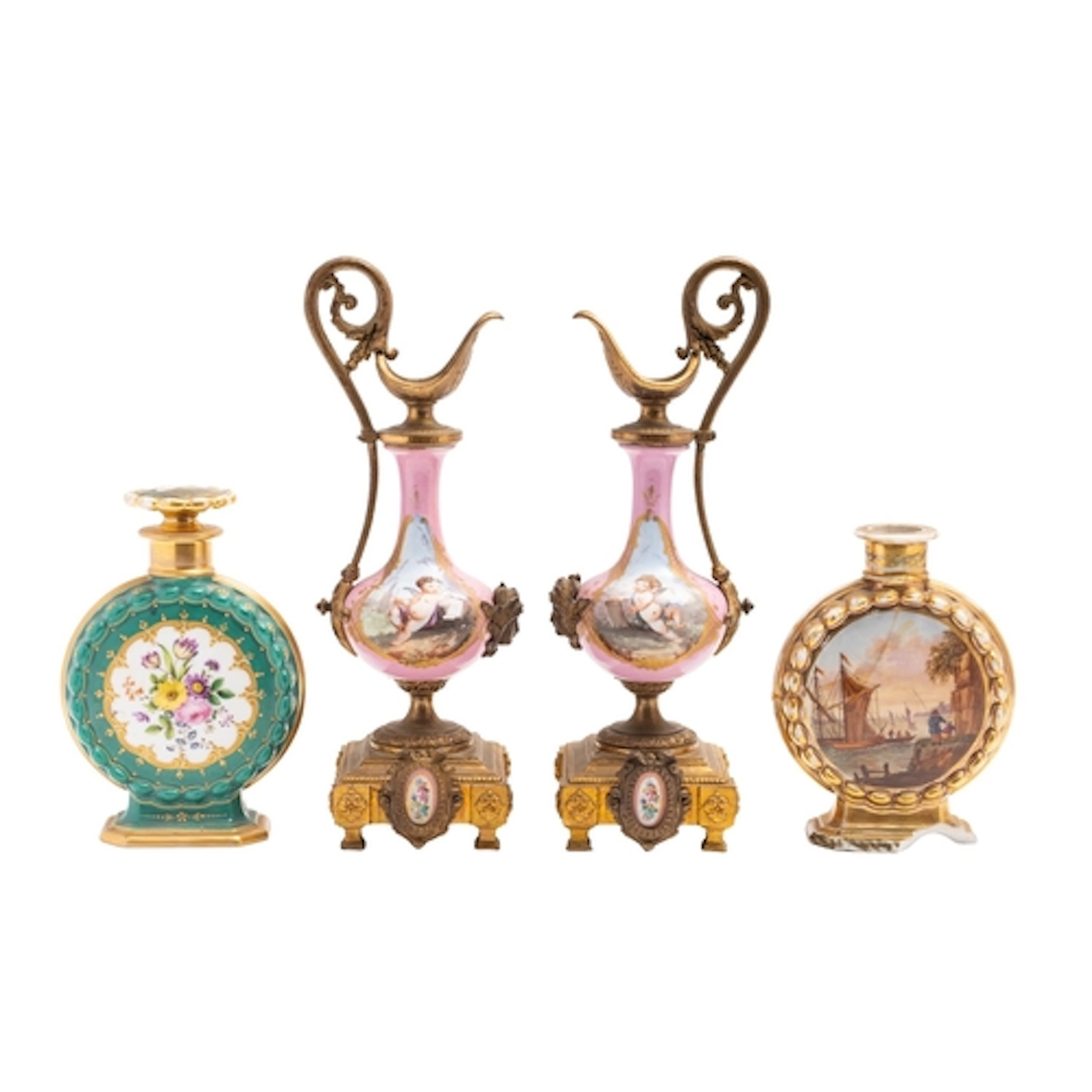 A pair of Sèvres-style gilt-spelter mounted porcelain side p...