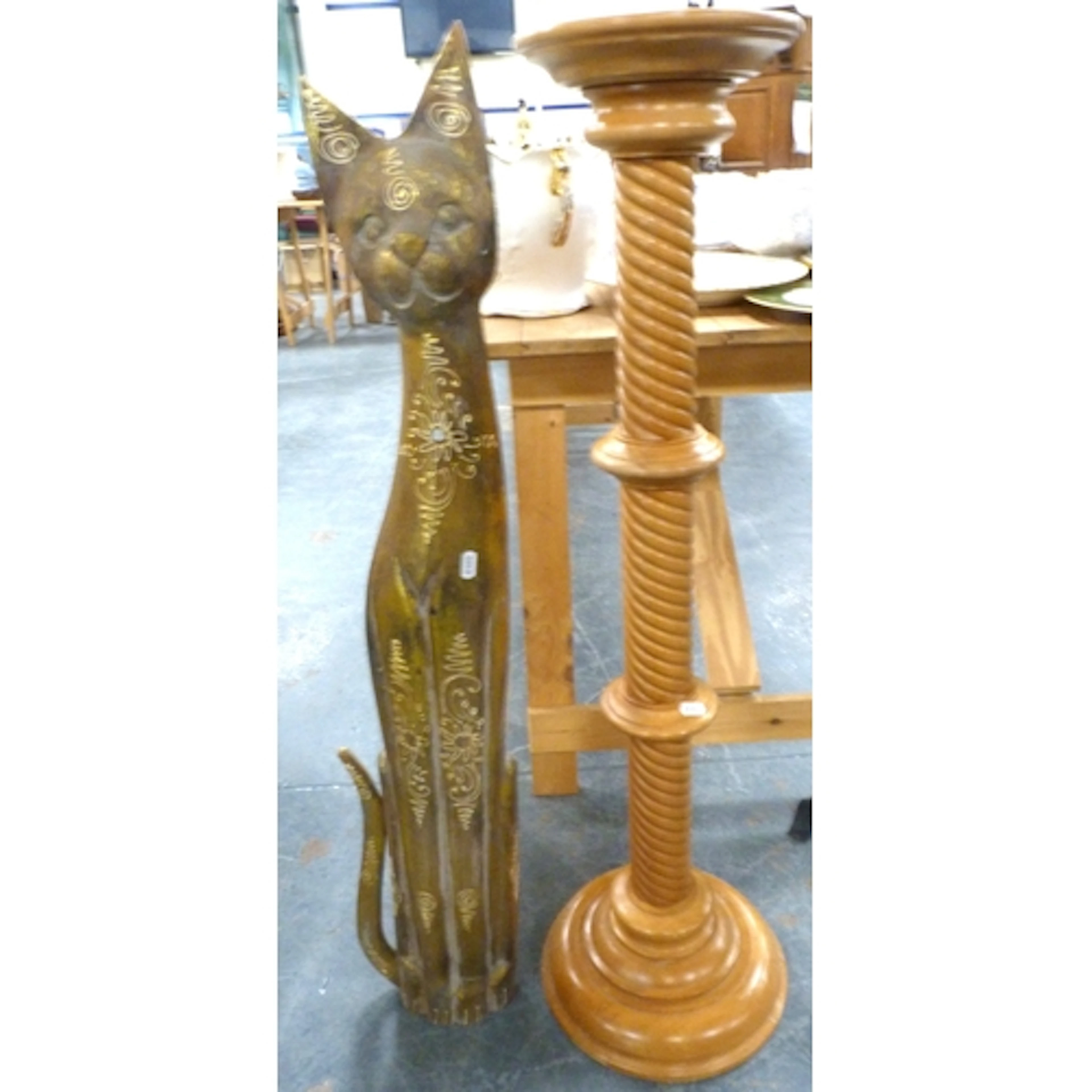 Torchere stand and a wooden cat ornament. (2)