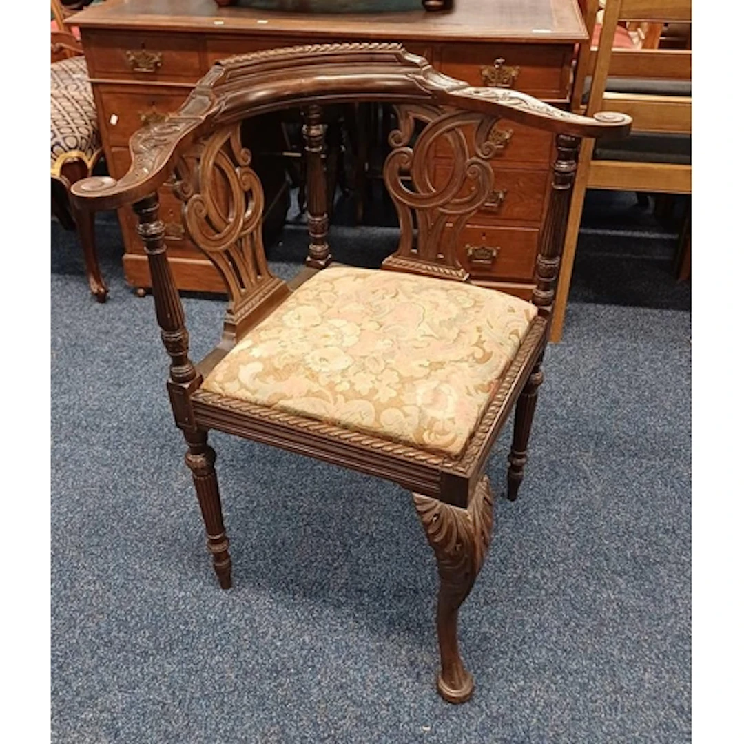 19TH CENTURY CARVED MAHOGANY CORNER CHAIR WITH DECORATIVE FR...