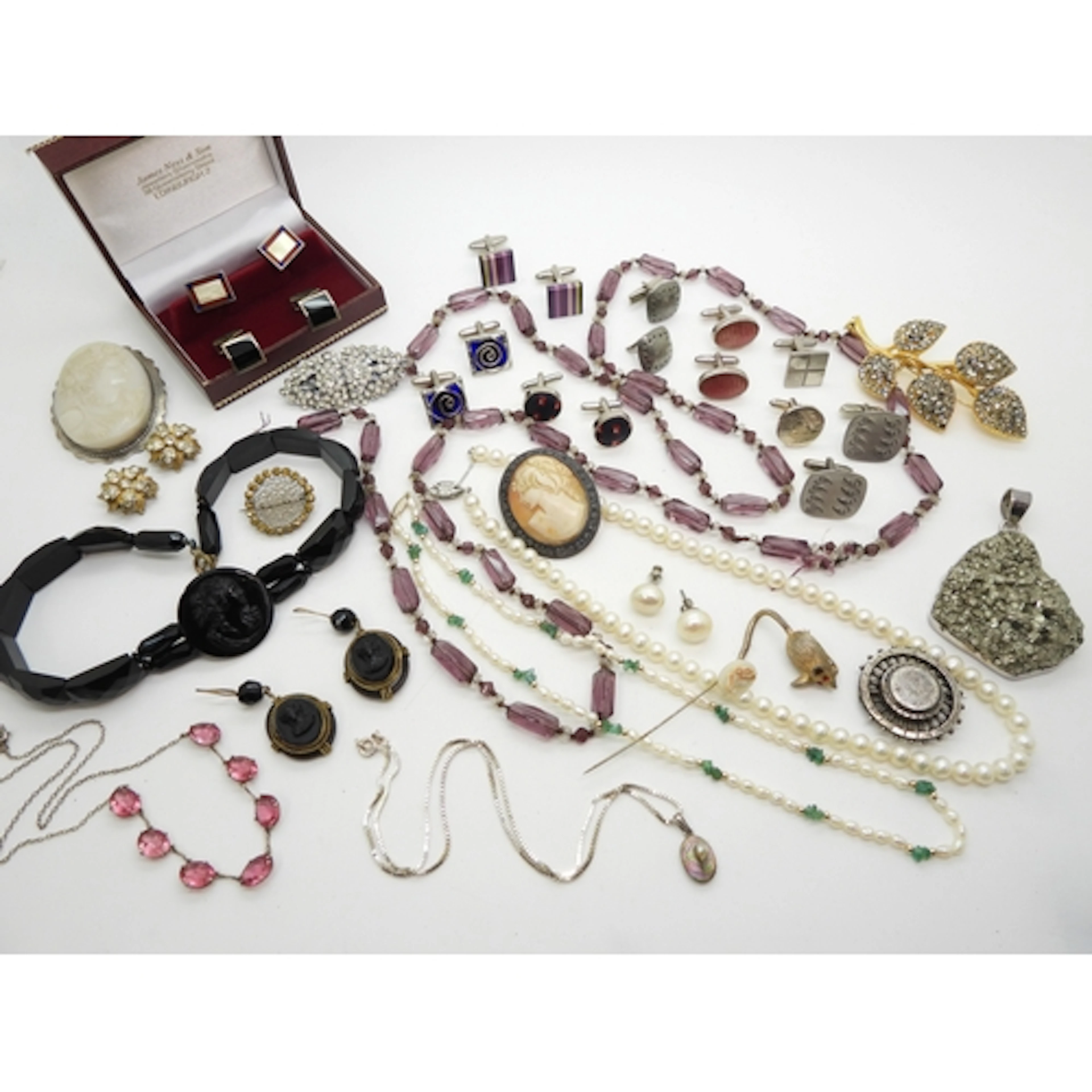 A jet and glass collar necklace with similar earrings, a lar...