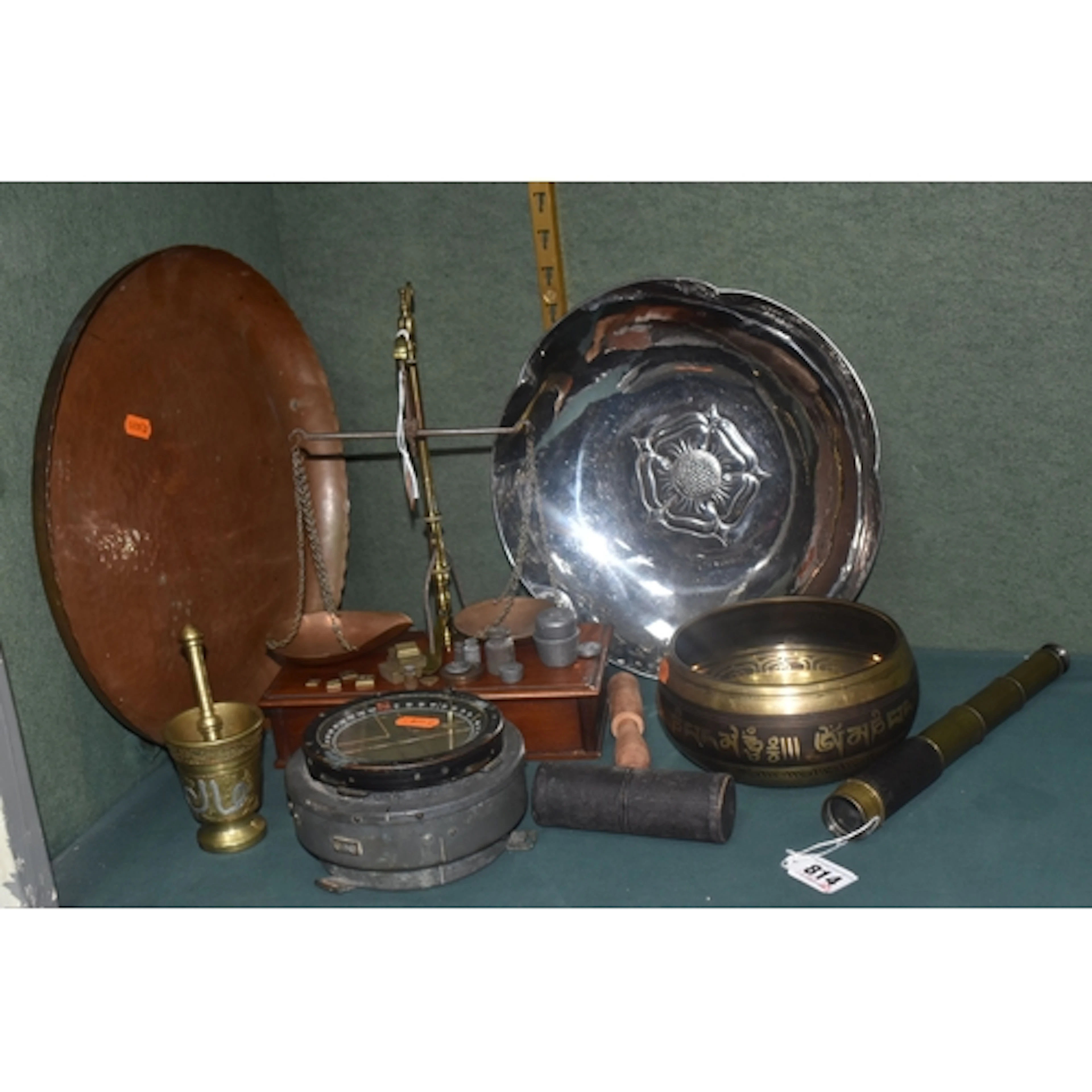 A GROUP OF METALWARE, comprising a Tibetan singing bowl and ...