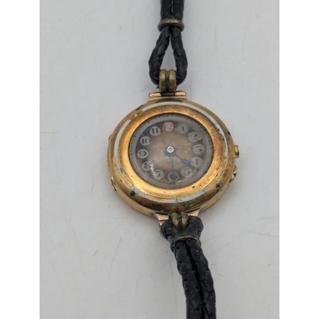 A 18ct yellow gold cased ladies wrist watch on a black leath...