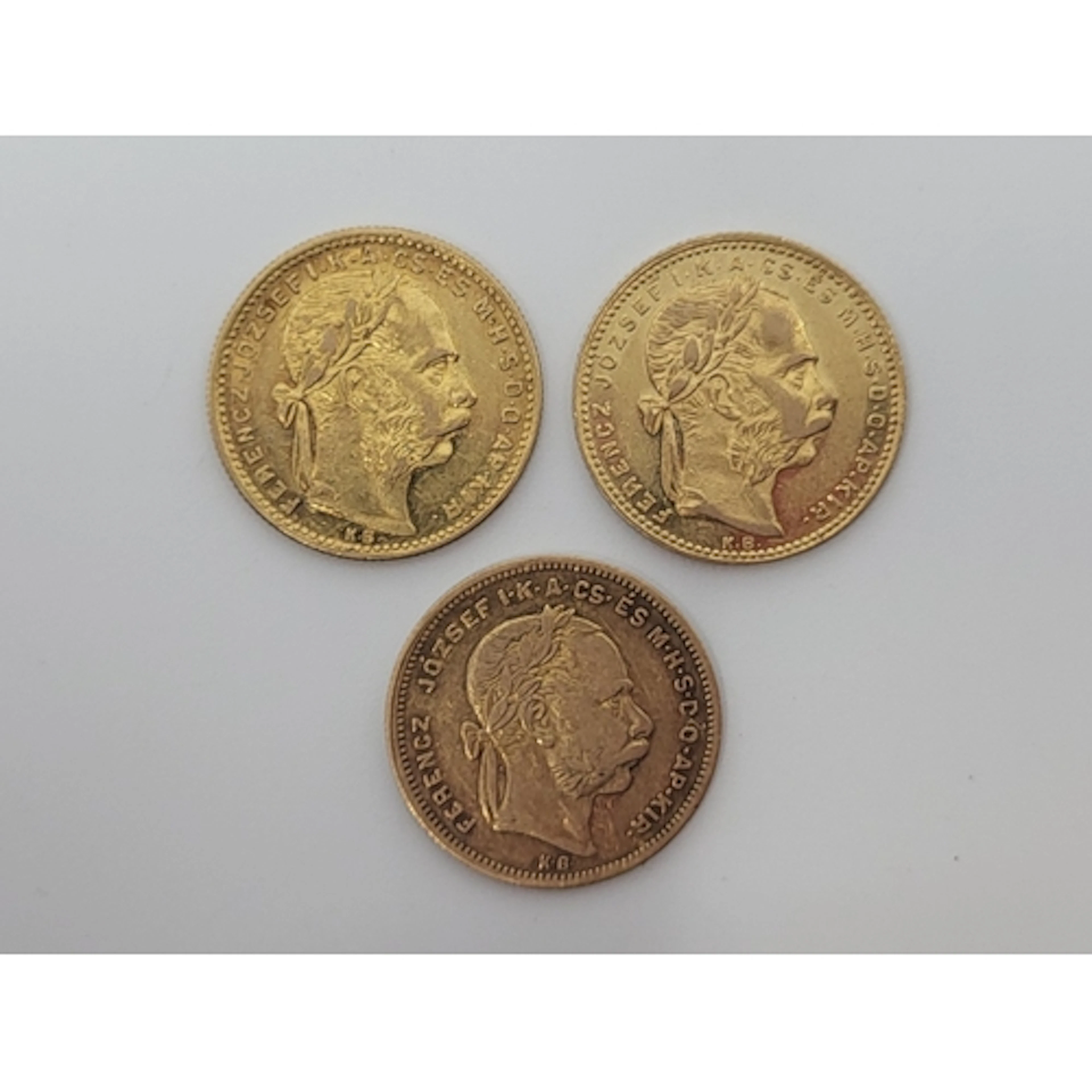 THREE X 20 FRANC/8 FORINT HUNGARIAN GOLD COINS, total weight...