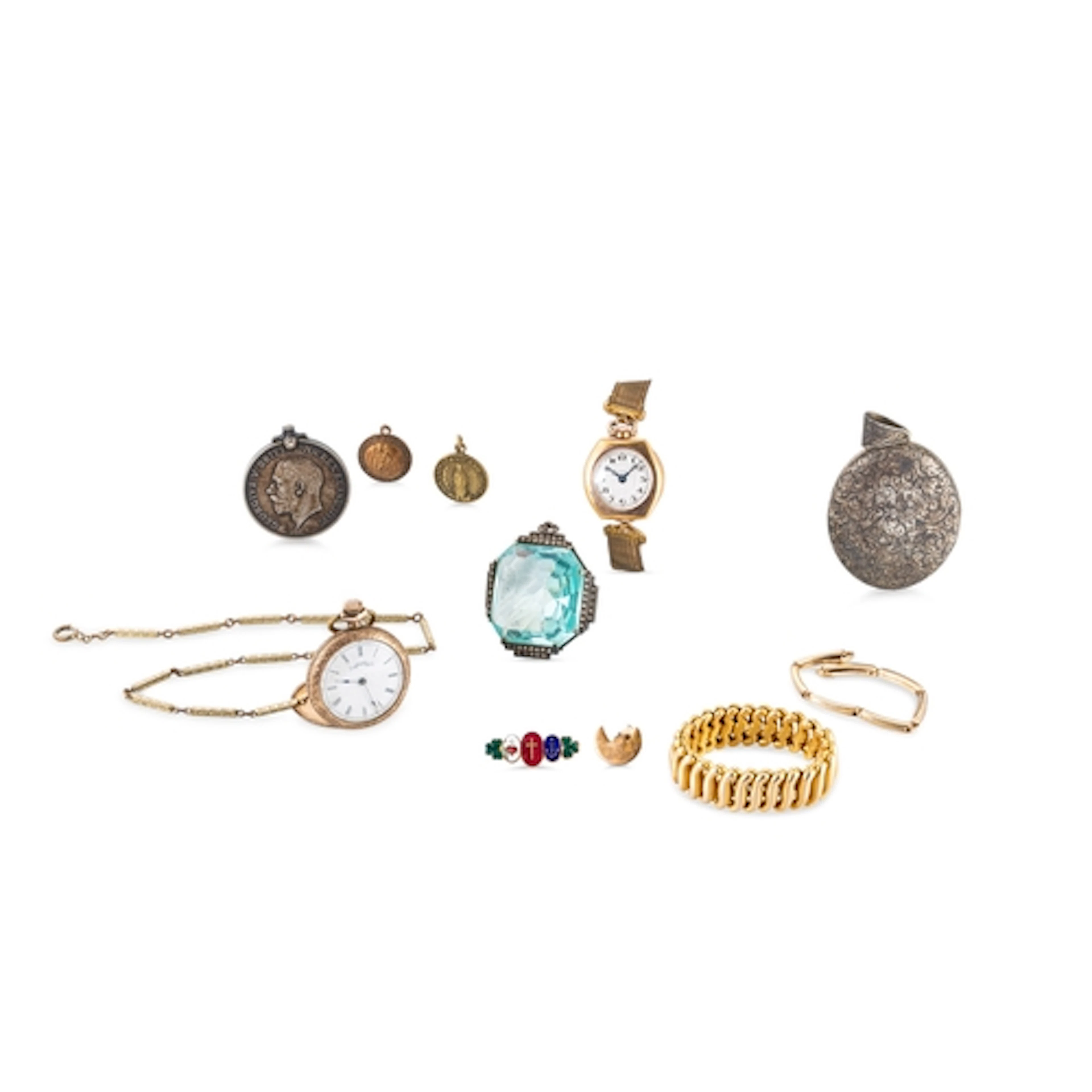 AN INTERESTING COLLECTION COMPRISING AN ANTIQUE GOLD CASED E...