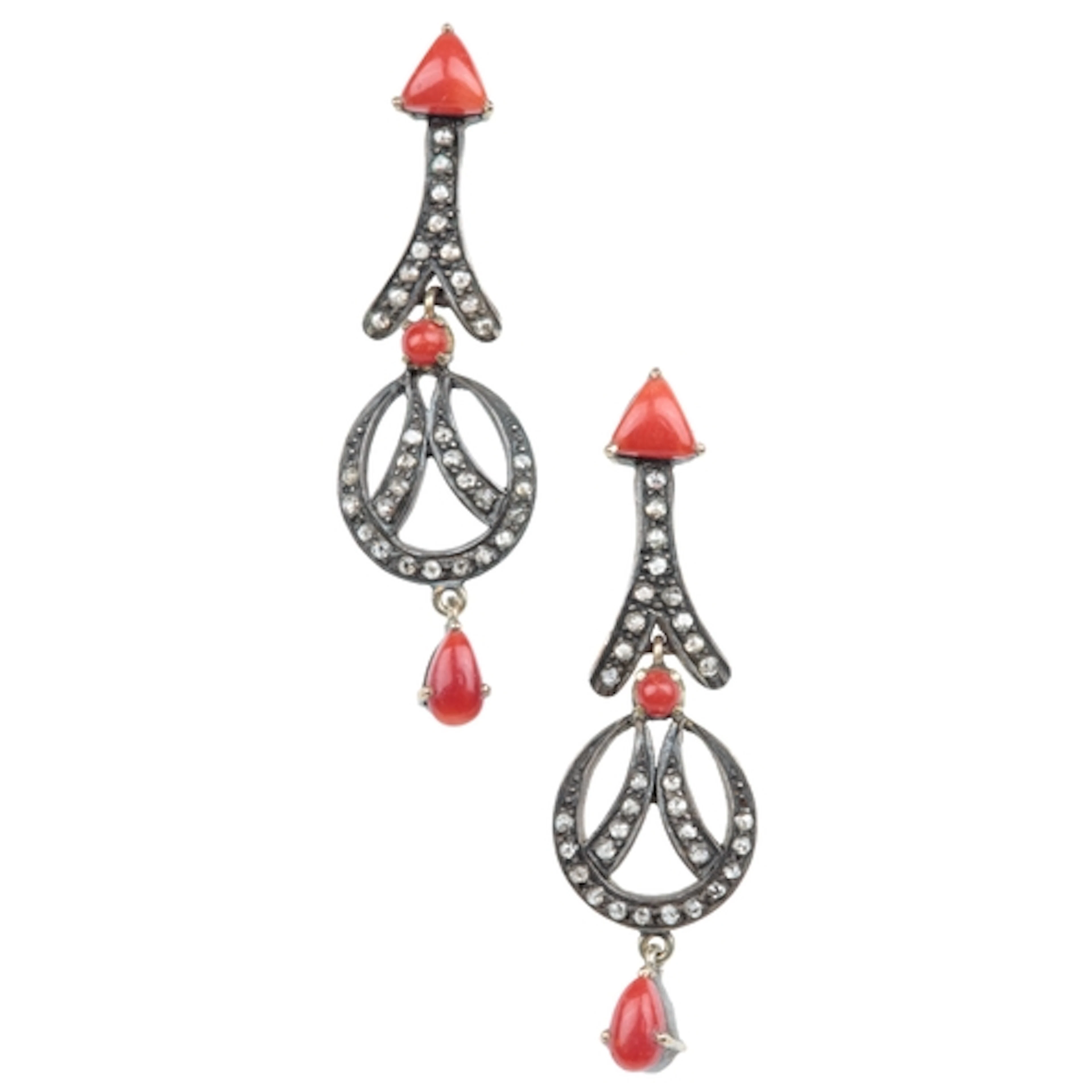 A pair of unmarked white metal, coral and rose cut diamond c...