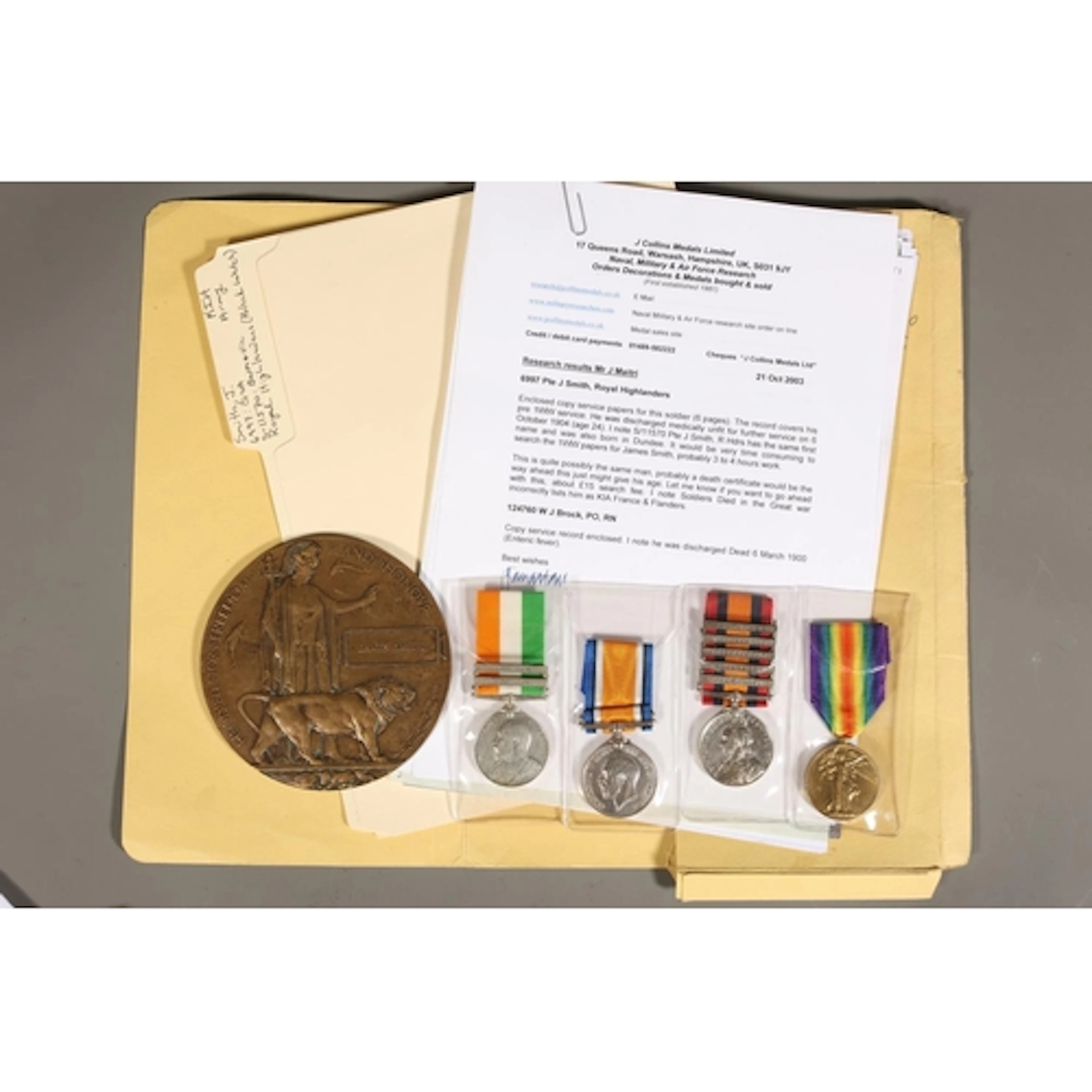Medals of 6997 and S11570 Private James Smith (1870-1916) of...