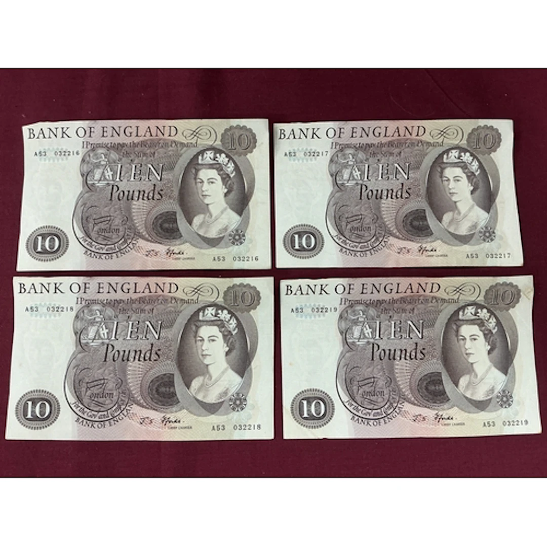 Four QEII 1964 - 1975 GB Consecutive Number Run Ten Pound Ba...