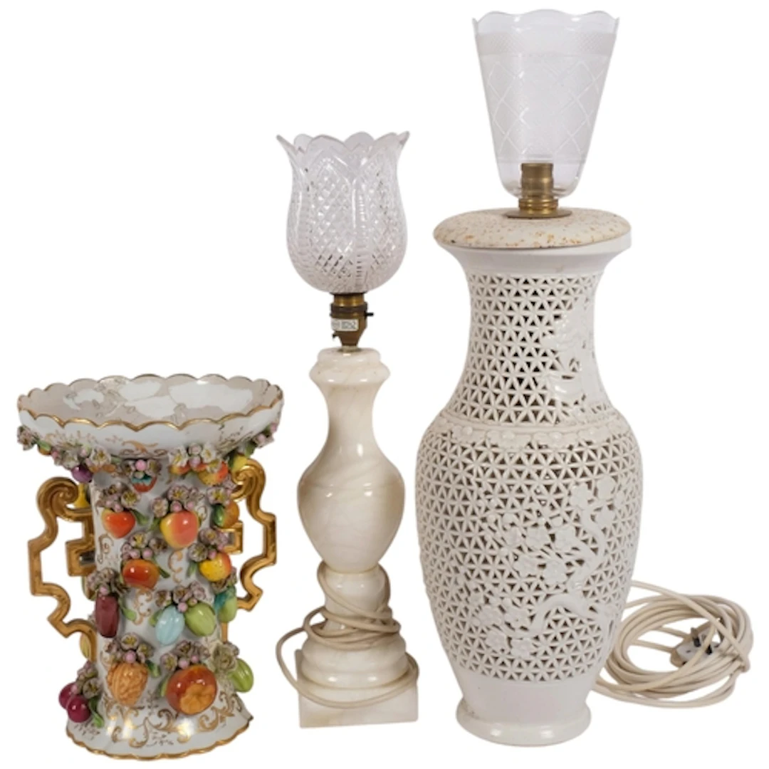 An alabaster lamp, a reticulated ceramic lamp, H46cm, a frui...