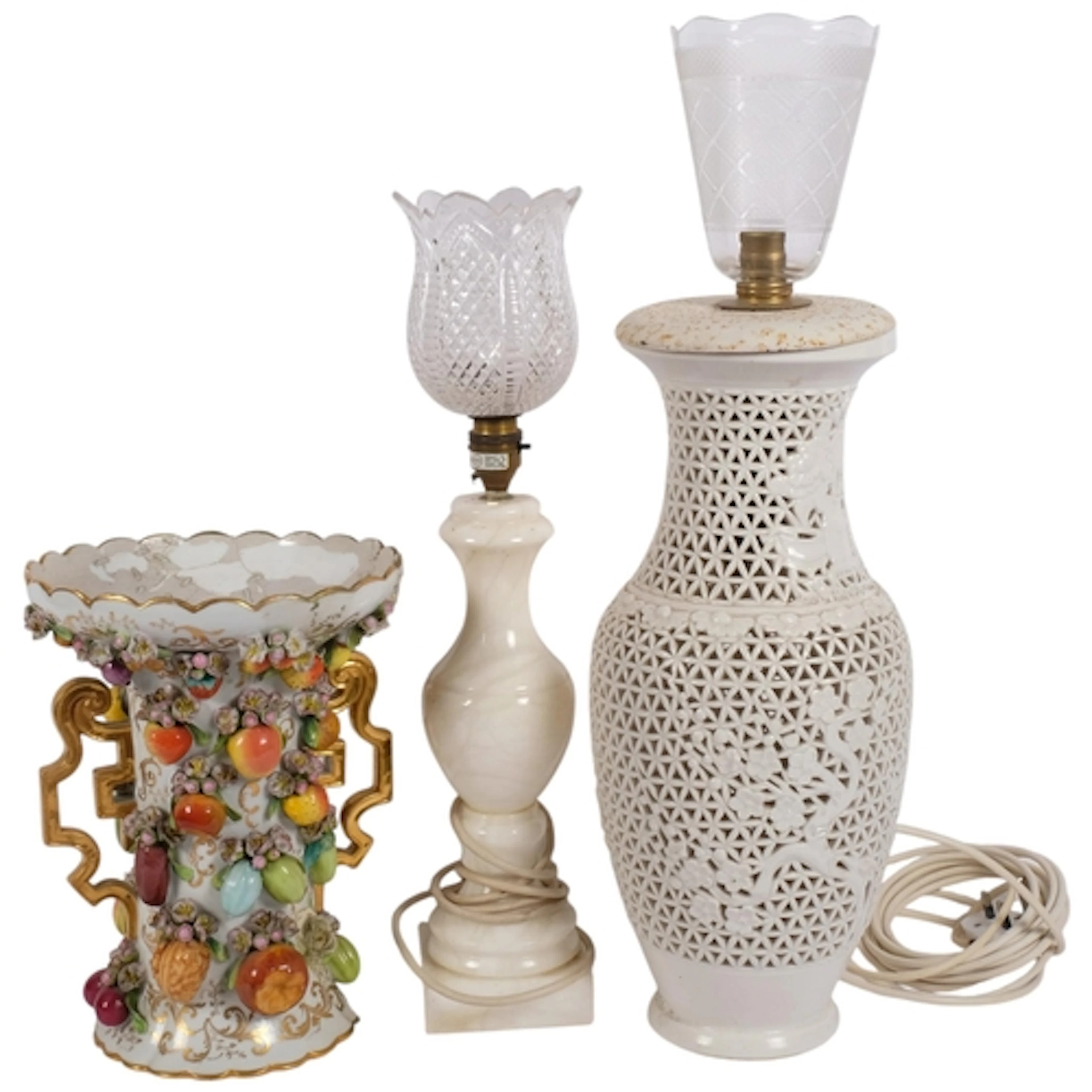 An alabaster lamp, a reticulated ceramic lamp, H46cm, a frui...