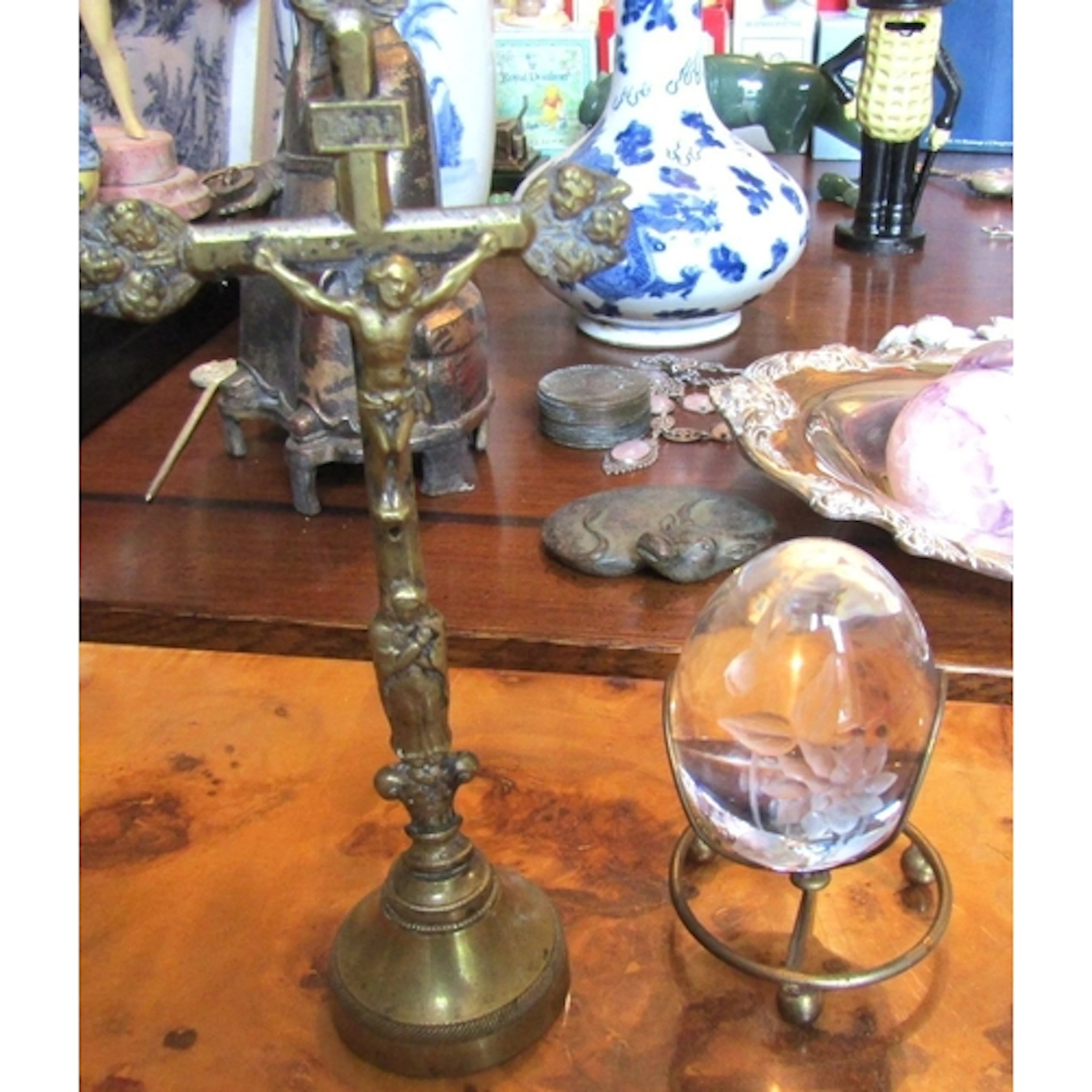 Old Cast Brass Crucifix and Engraved Crystal Egg on Stand Tw...