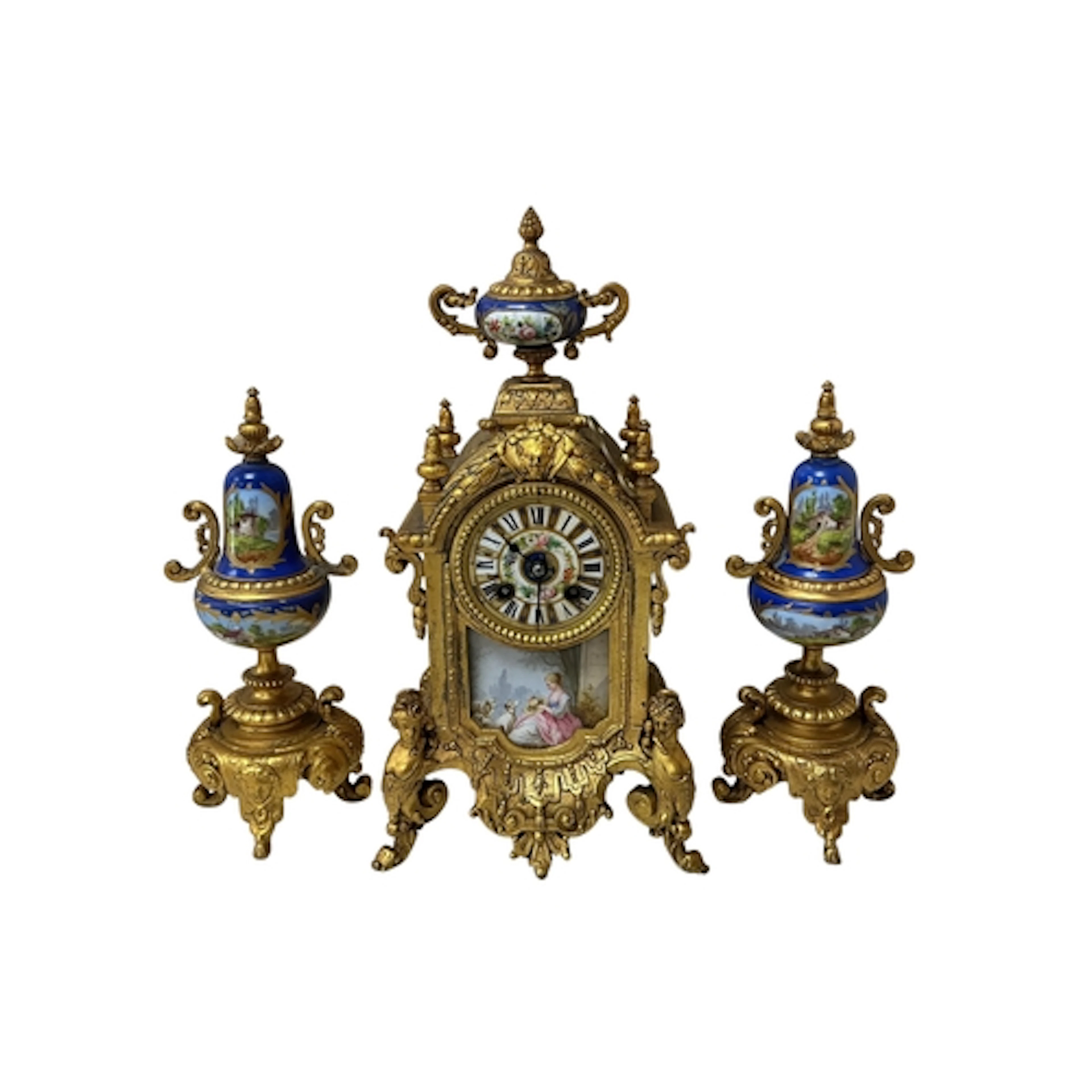 A 19th century style French gilt spelter and porcelain three...