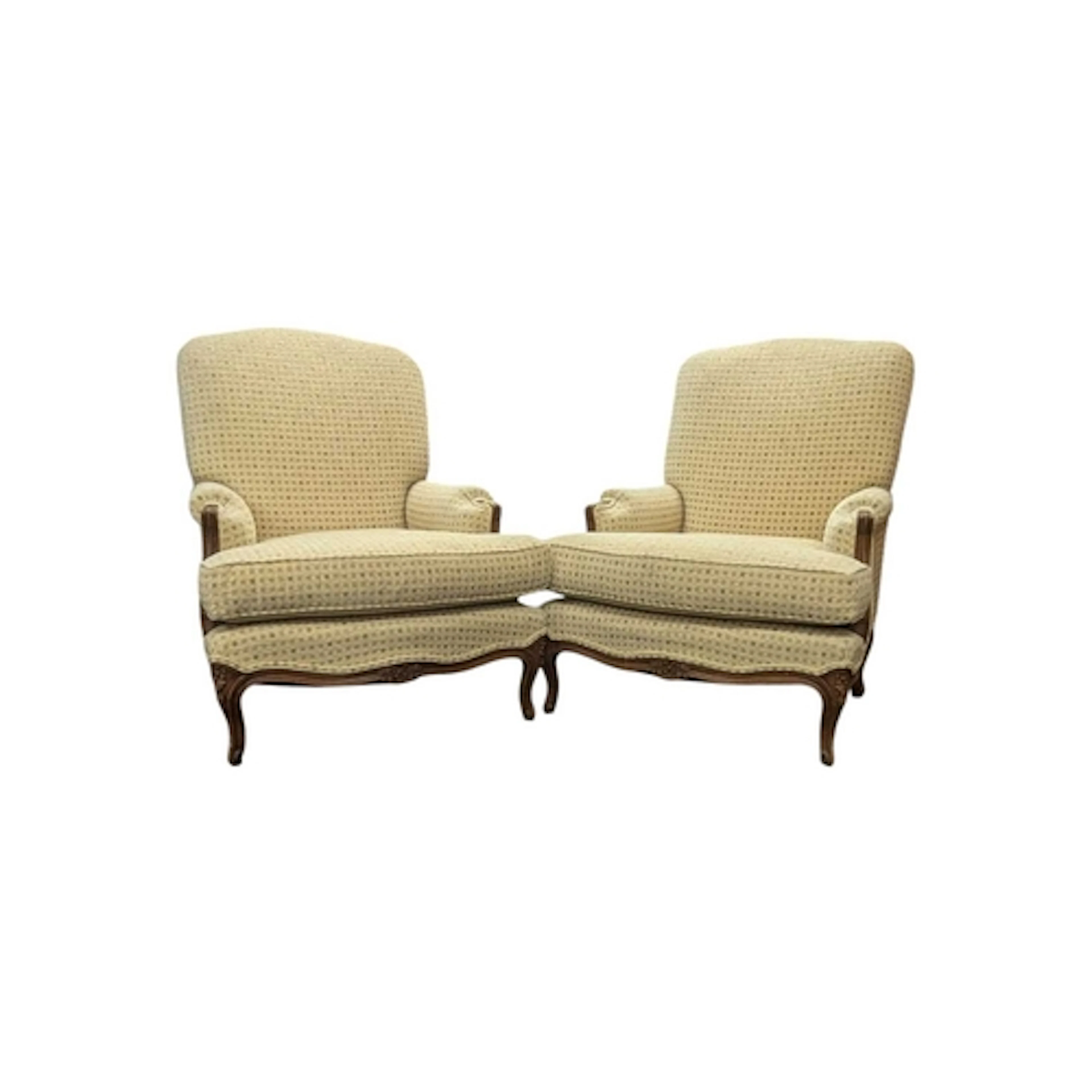 A pair of French Louis XV inspired walnut framed & uphol...