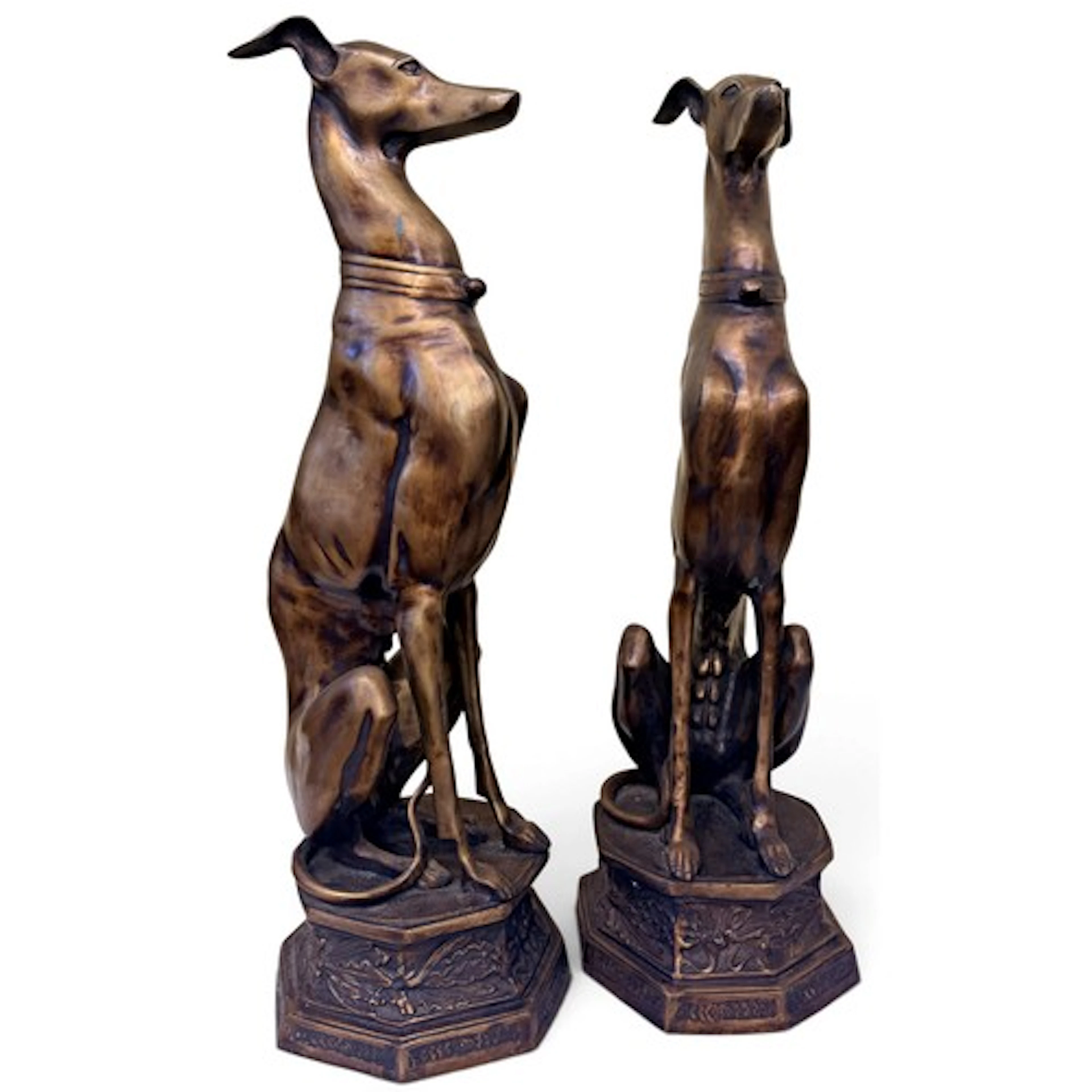 A large, decorative pair of patinated cast bronze figures of...