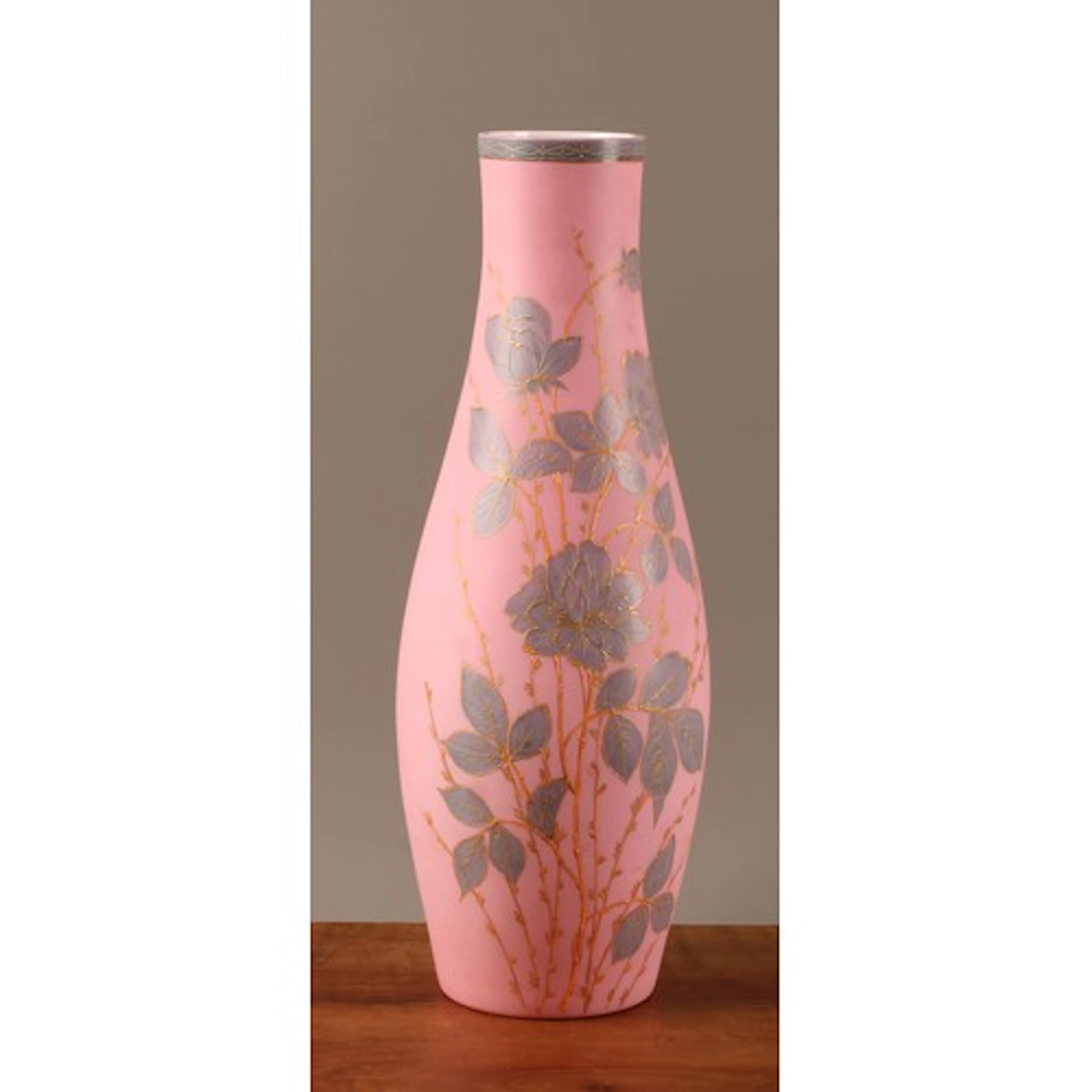 A 19th century satin glass slender ovoid vase, decorated in ...