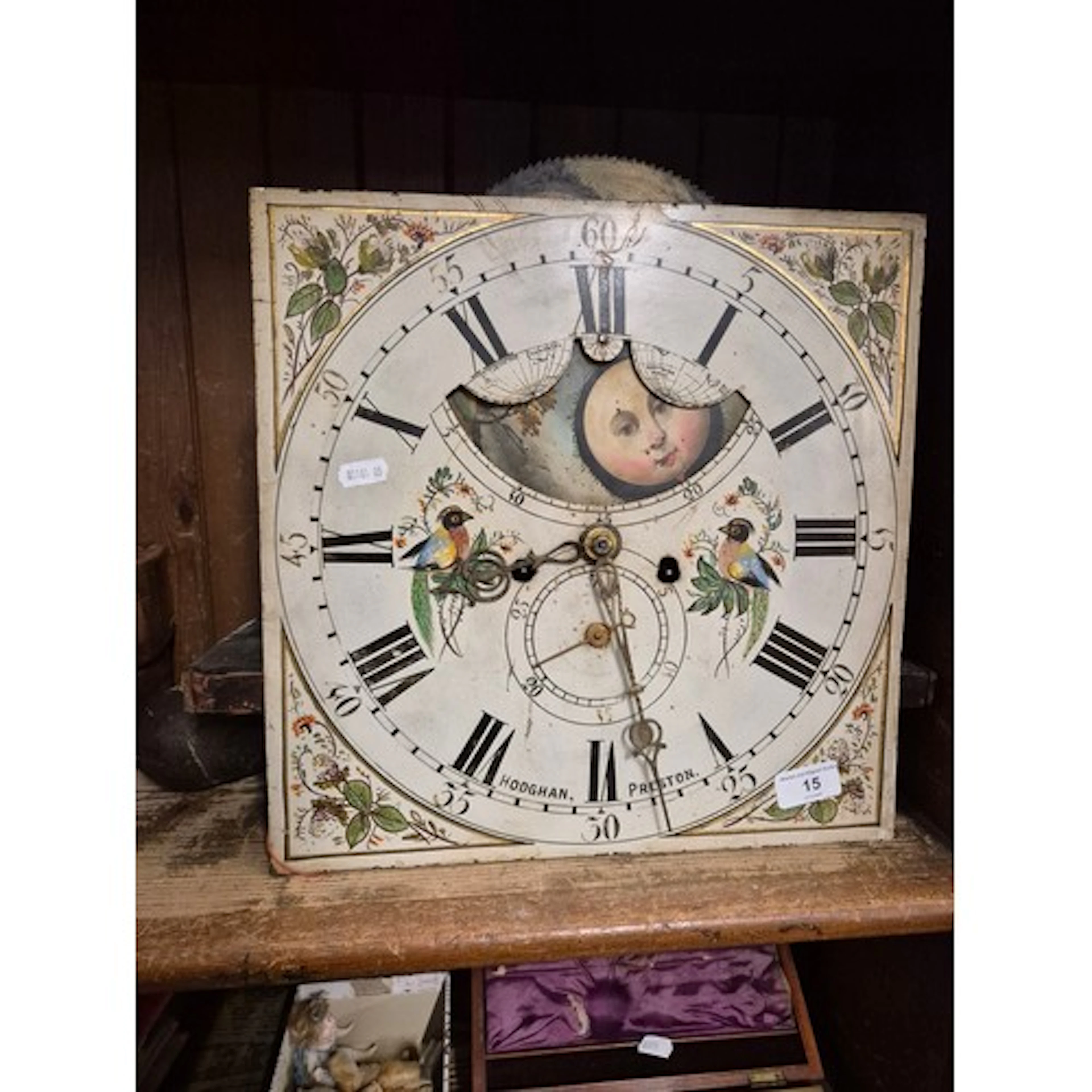 A grandfather clock painted face marked Hodghan, Preston, wi...