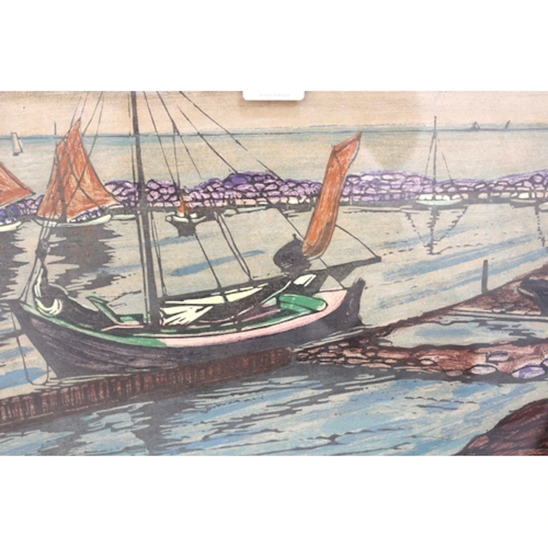 Johanna Metzner, coloured woodcut, fisherman's harbour, 30 x...