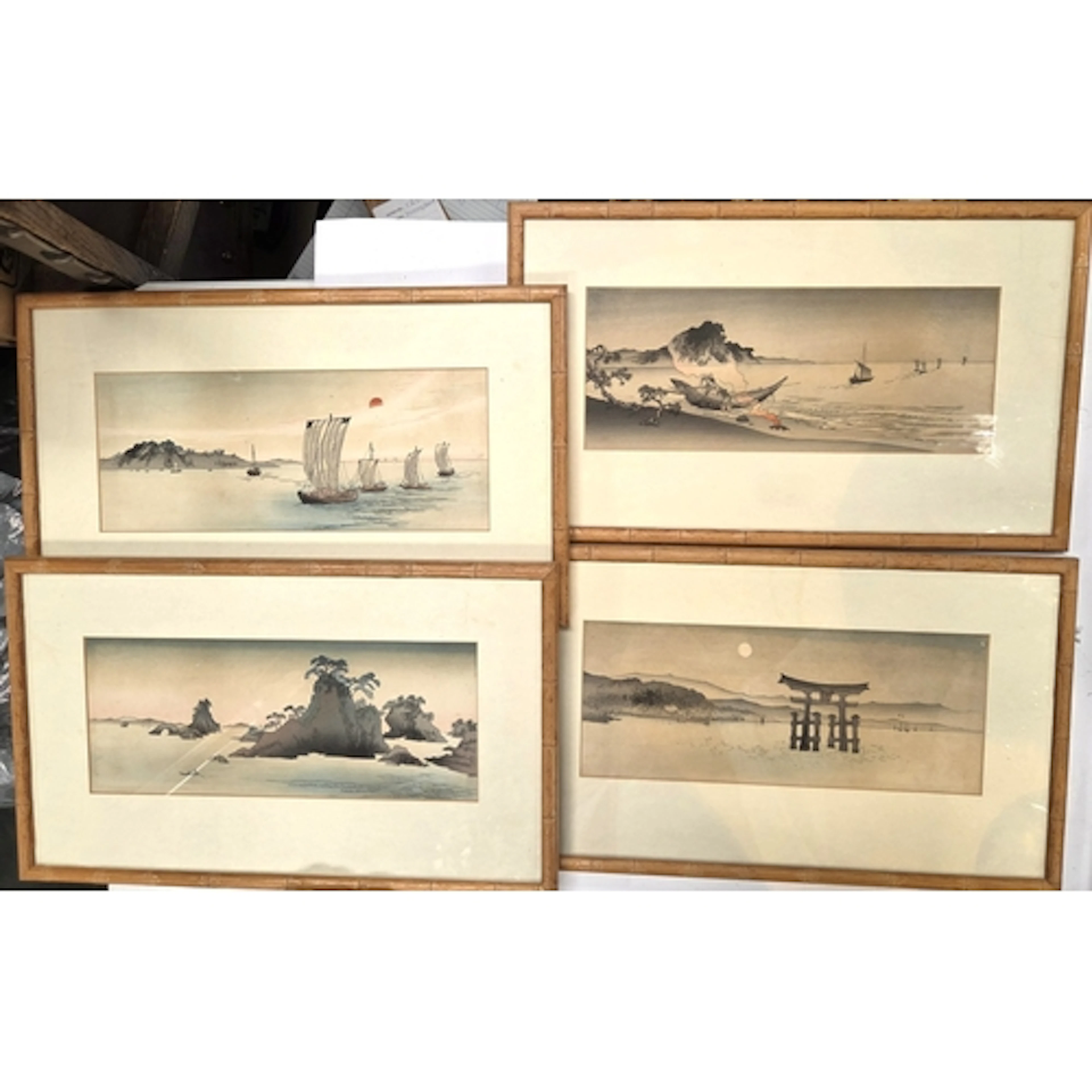Four Japanese Meiji period water colours in bamboo frames, M...