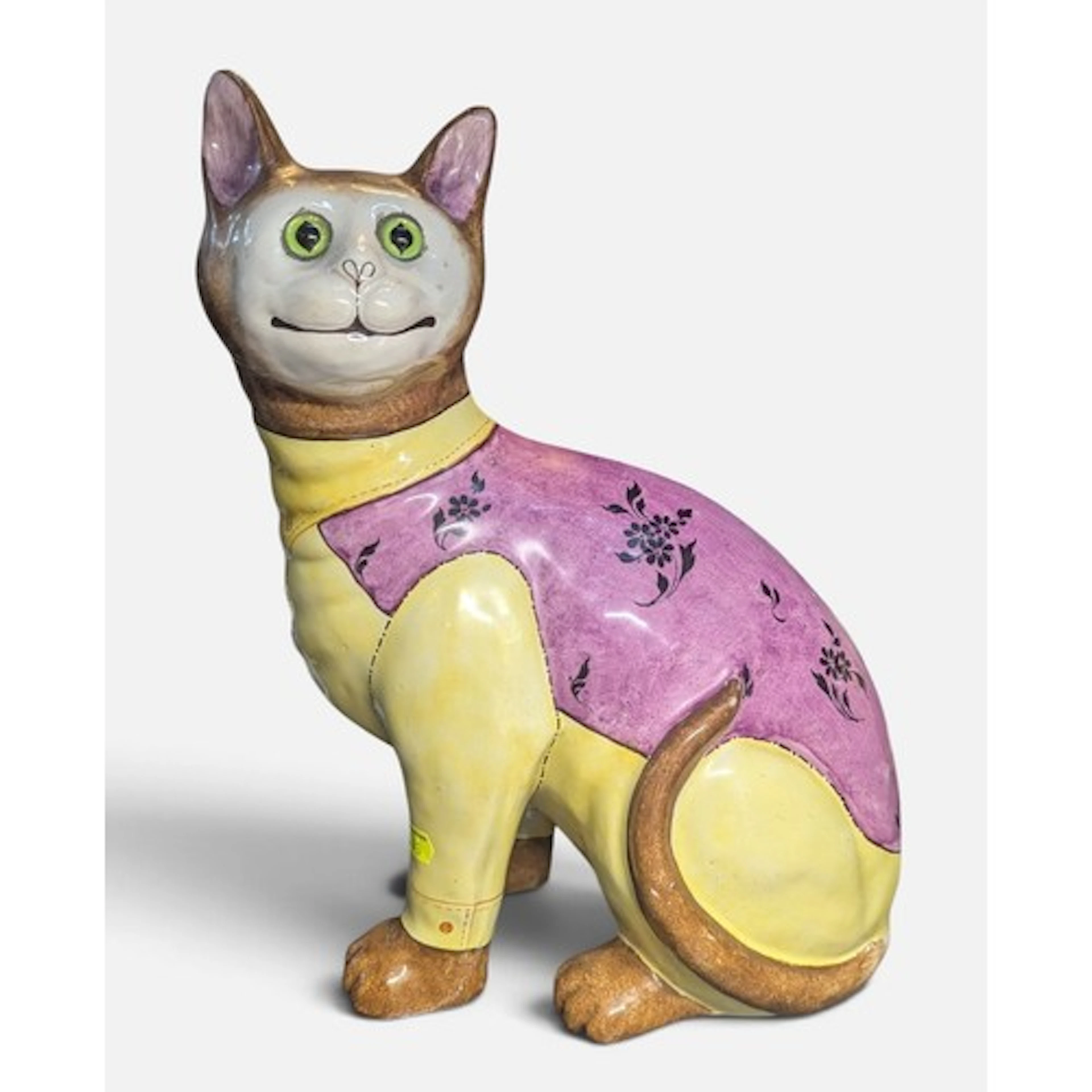 Émile Gallé style ceramic cat with glass eyes wearing a tie ...