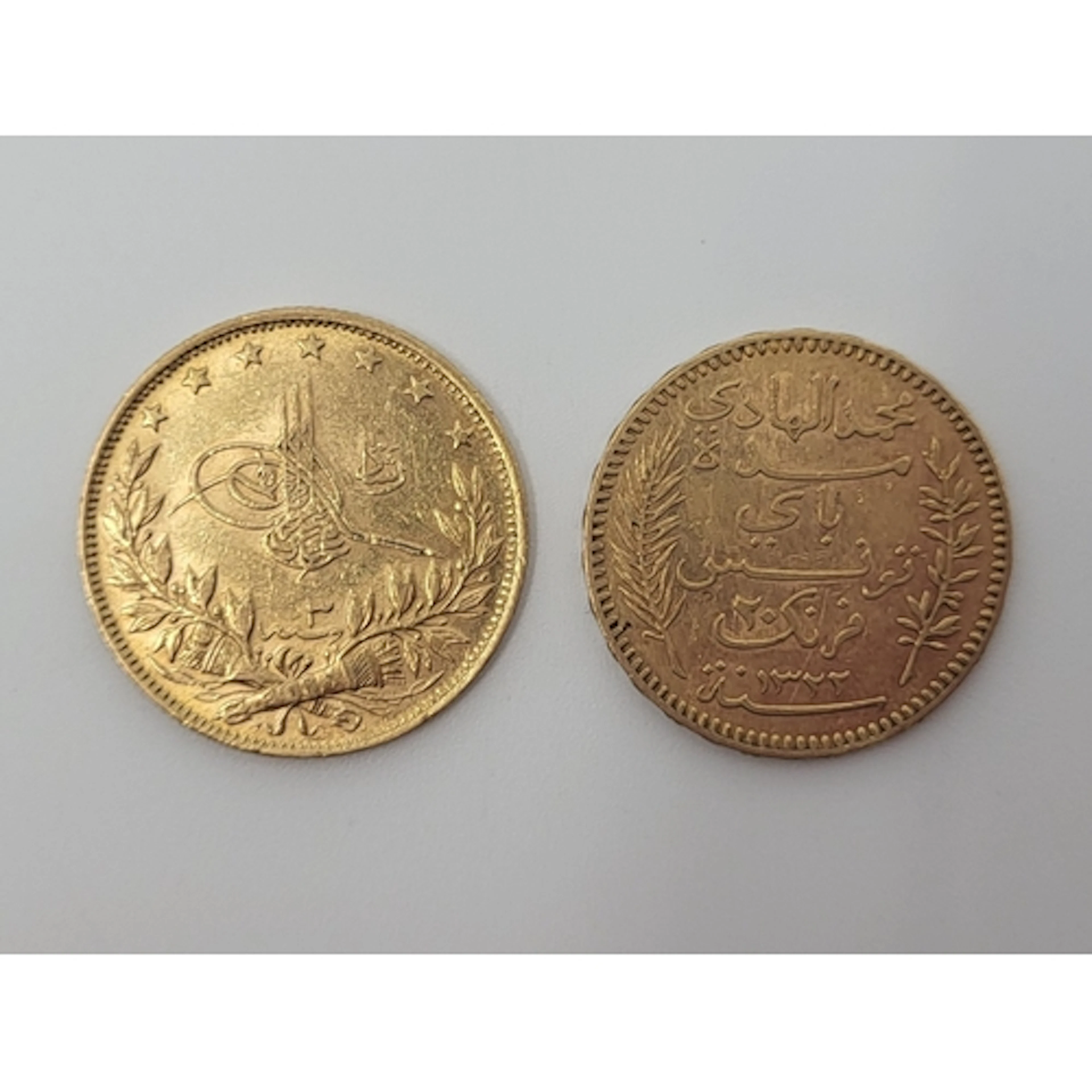 TWO X GOLD COINS, 1909 Turkey VF 6.4 g. & Tunisia 1904 7.2g ...