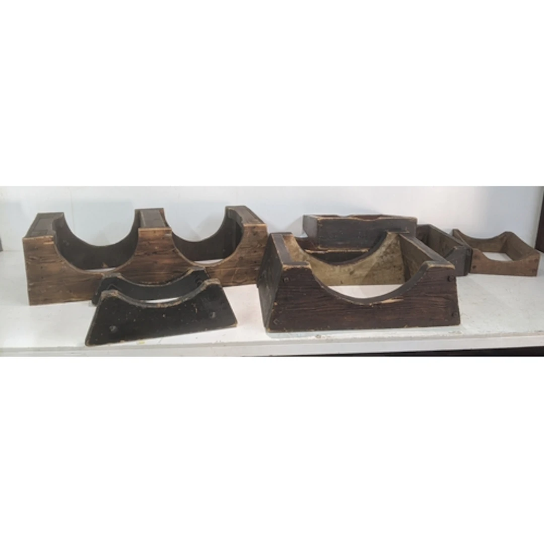 Seven vintage wooden beer barrel stands to include one twin ...