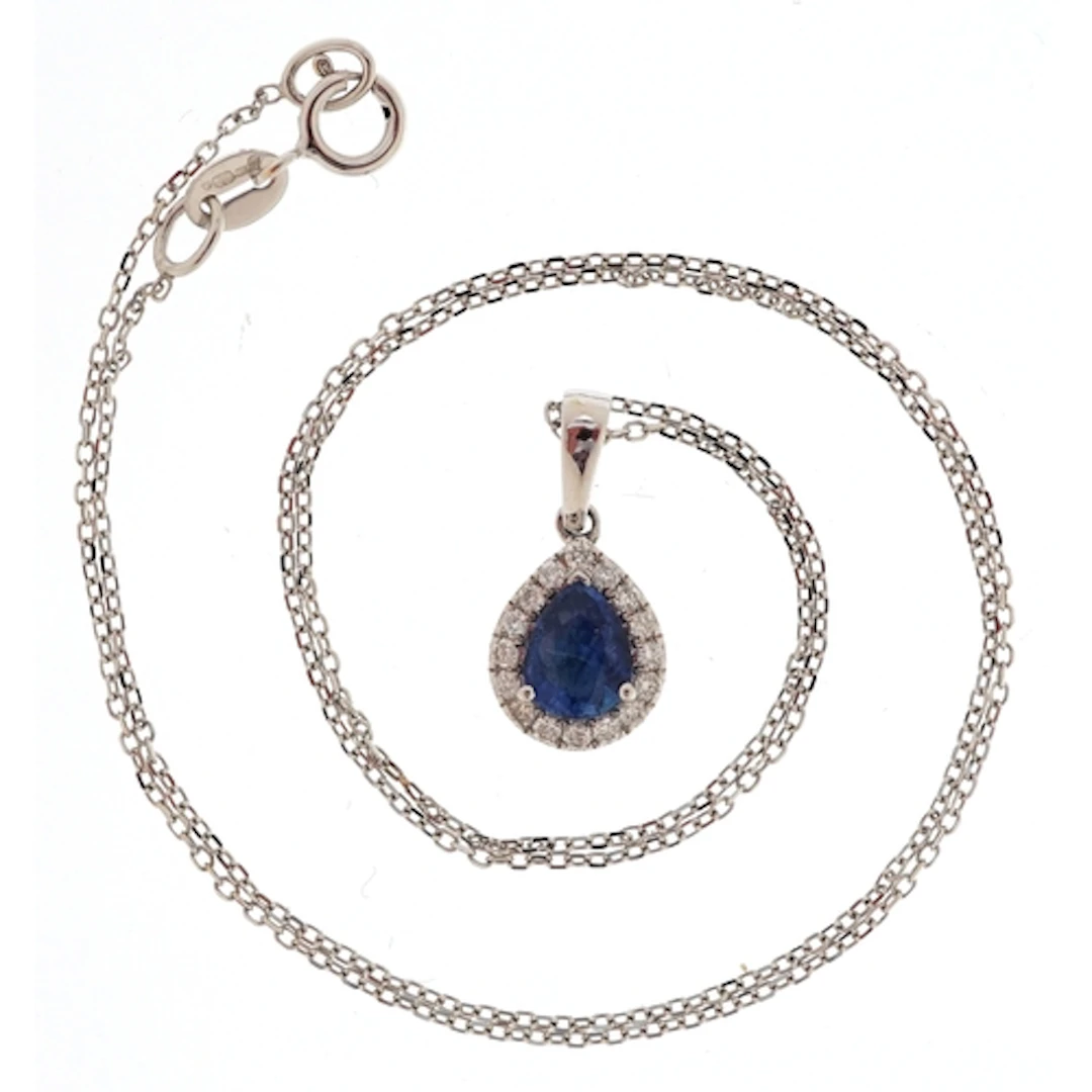 18ct white gold pear shaped sapphire and diamond cluster pen...