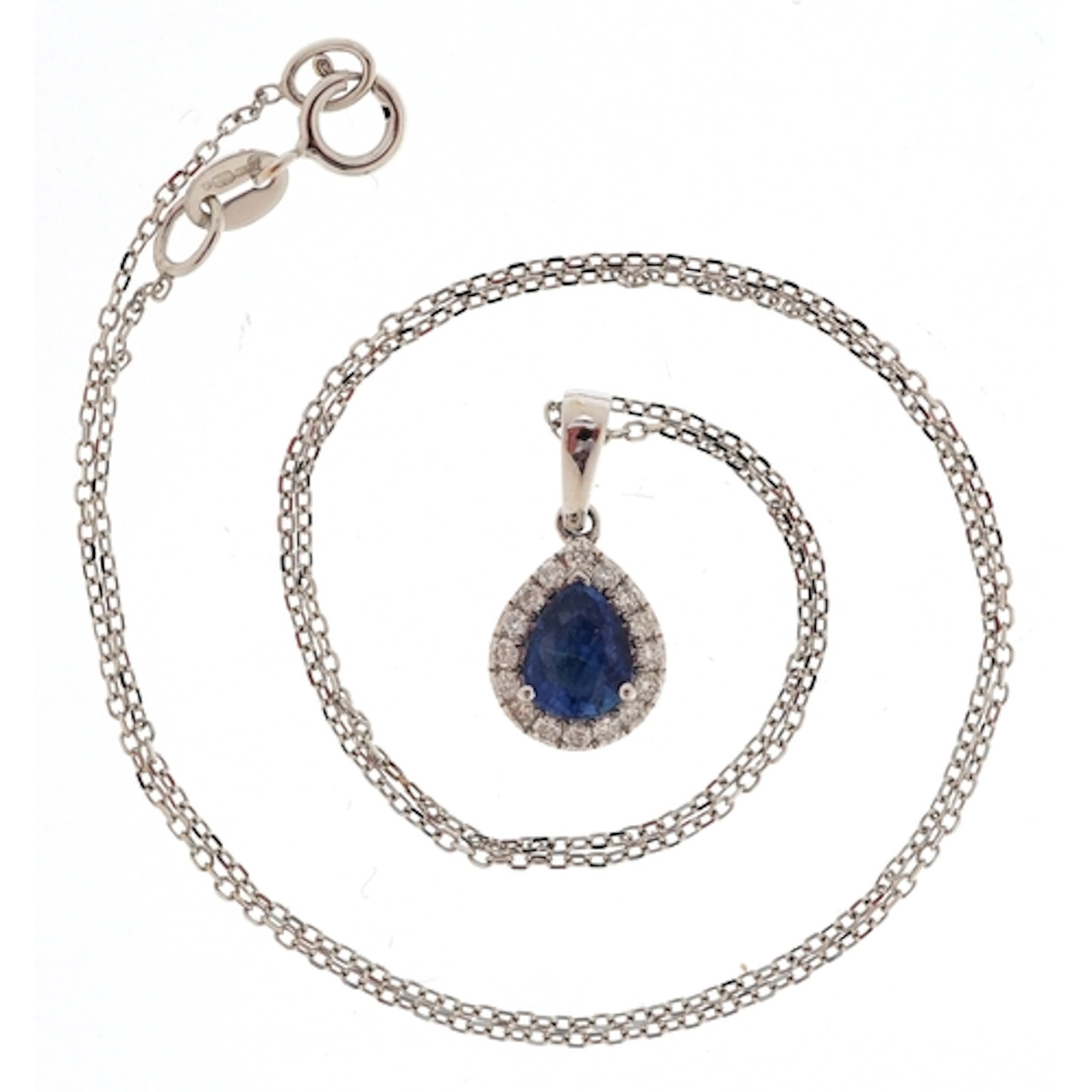 18ct white gold pear shaped sapphire and diamond cluster pen...