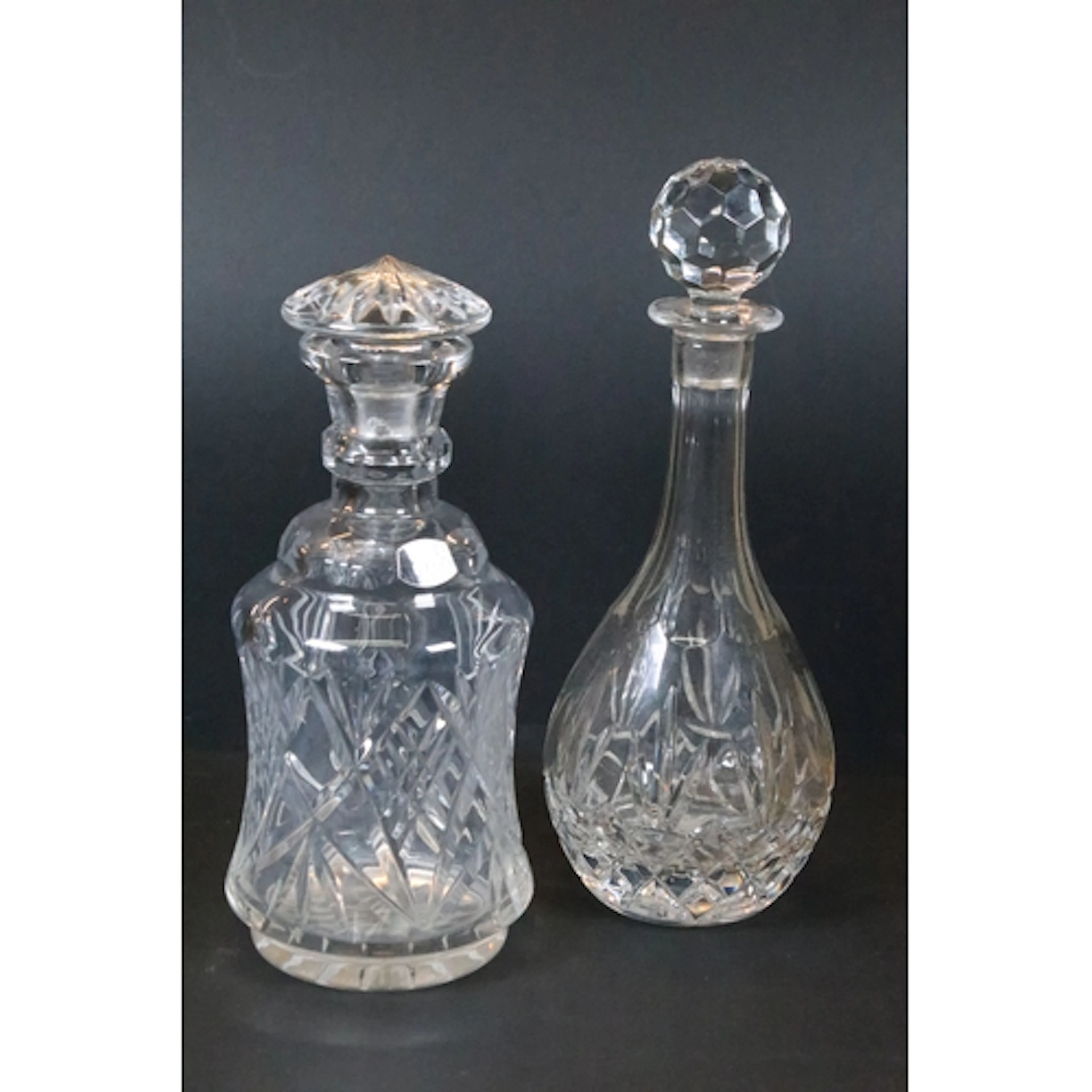 19th century waisted cut glass decanter, having faceted ring...